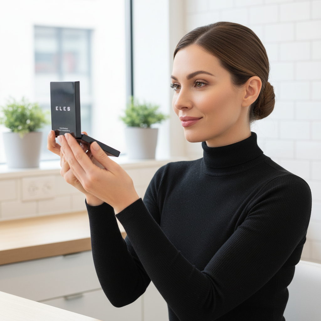 Woman holding ELES Mineral SkinPerfect Powder Foundation SPF 15 with 'ELES' branding in a bright indoor setting.