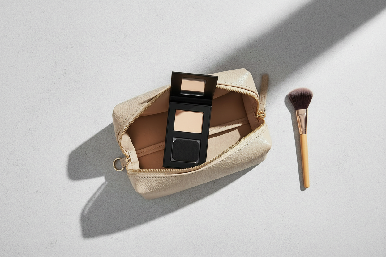 Makeup pouch with ELES Mineral SkinPerfect Powder Foundation SPF 15 on a light gray background