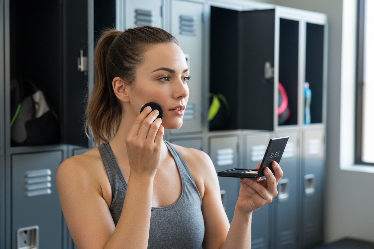 Woman applying  ELES Mineral SkinPerfect Powder Foundation SPF 15 in a locker room