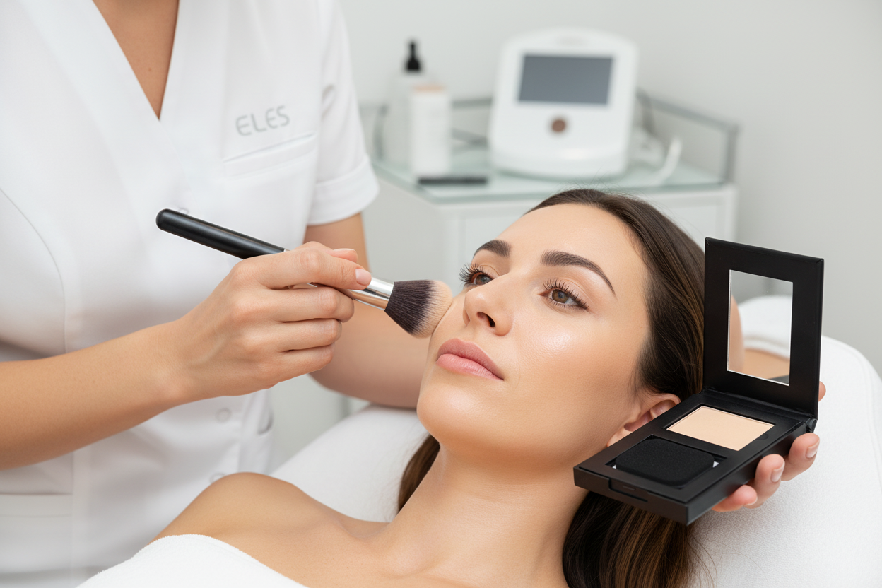 Woman receiving cosmetic treatment with a beautician applying  ELES Mineral SkinPerfect Powder Foundation SPF 15.