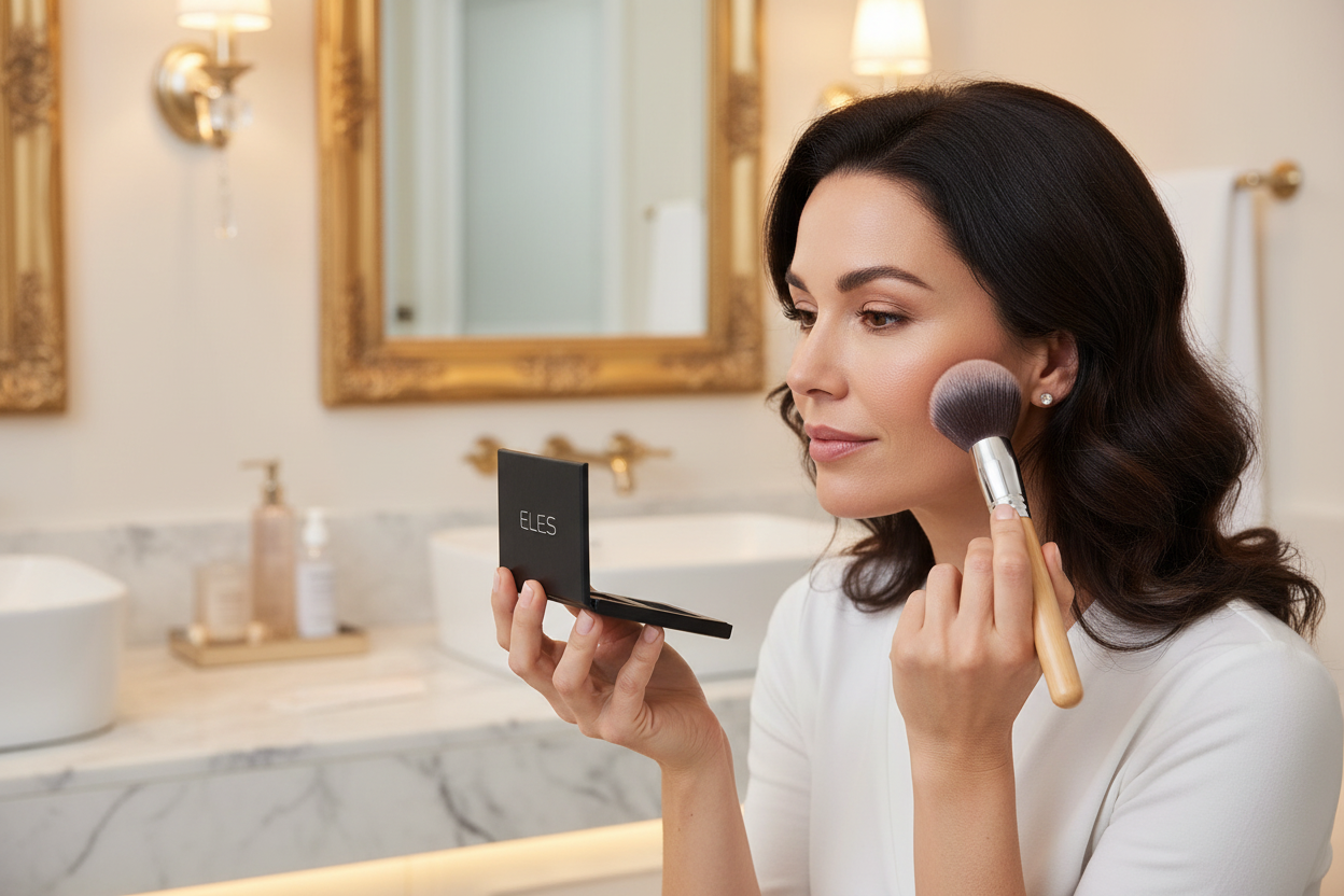 Woman applying  ELES Mineral SkinPerfect Powder Foundation SPF 15 with a brush in a bathroom setting