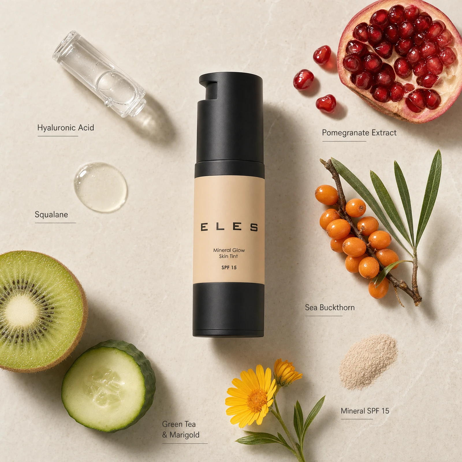 ELES Mineral Glow Skin Tint SPF 15 30ml displayed with key ingredients including hyaluronic acid, squalane, pomegranate extract, sea buckthorn, green tea and marigold, and mineral SPF 15.