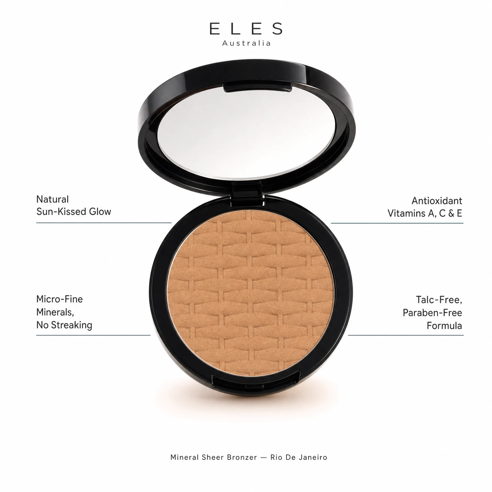 ELES Mineral Sheer Bronzer Rio De Janeiro benefit callout showing natural sun-kissed glow, micro-fine minerals with no streaking, antioxidant Vitamins A C and E, and talc-free paraben-free formula for professional salon and clinic use