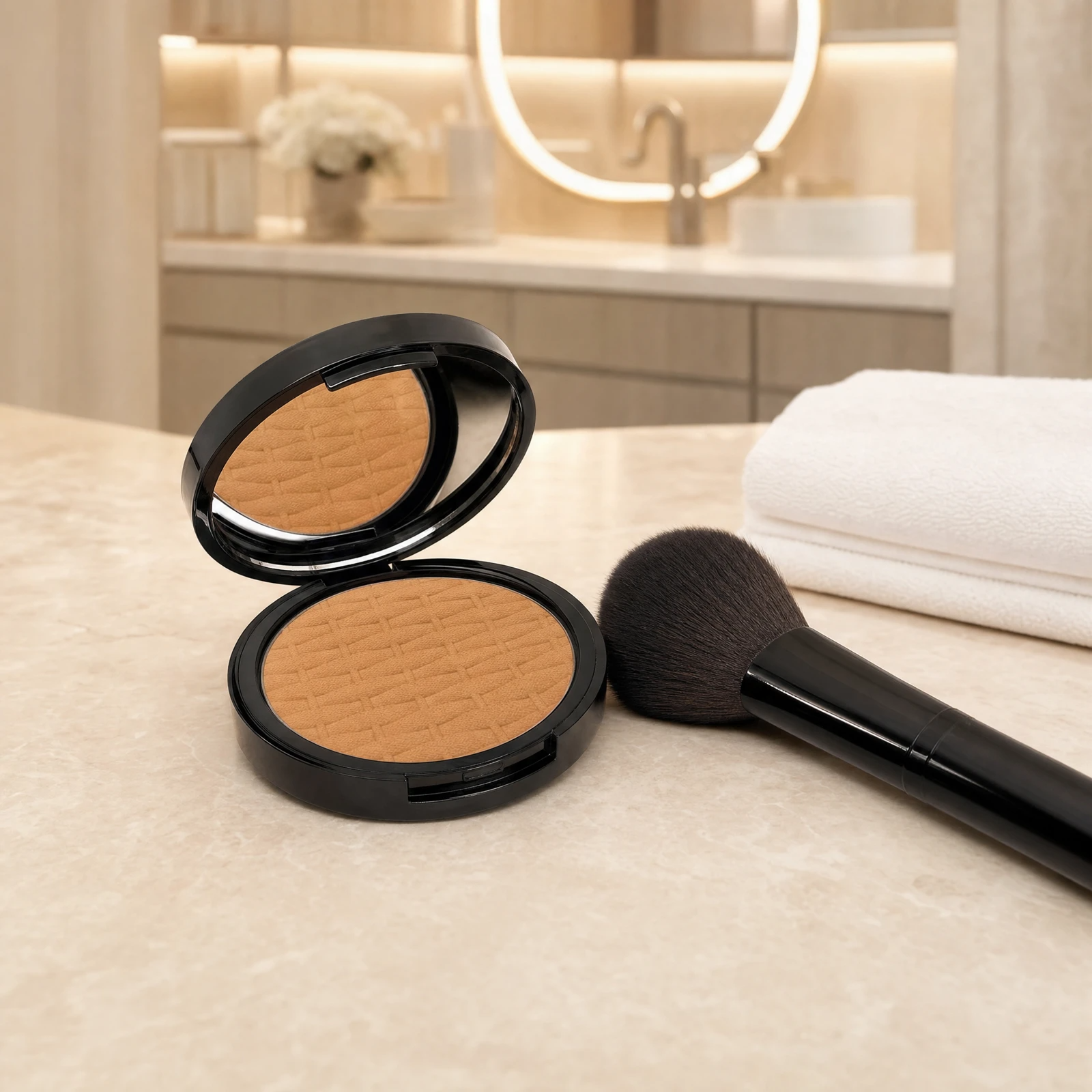 ELES Mineral Sheer Bronzer Rio De Janeiro open compact with a large powder brush on a marble clinic bench inside a premium skin clinic treatment room, ideal for professional bronzing and complexion finishing after facial treatments