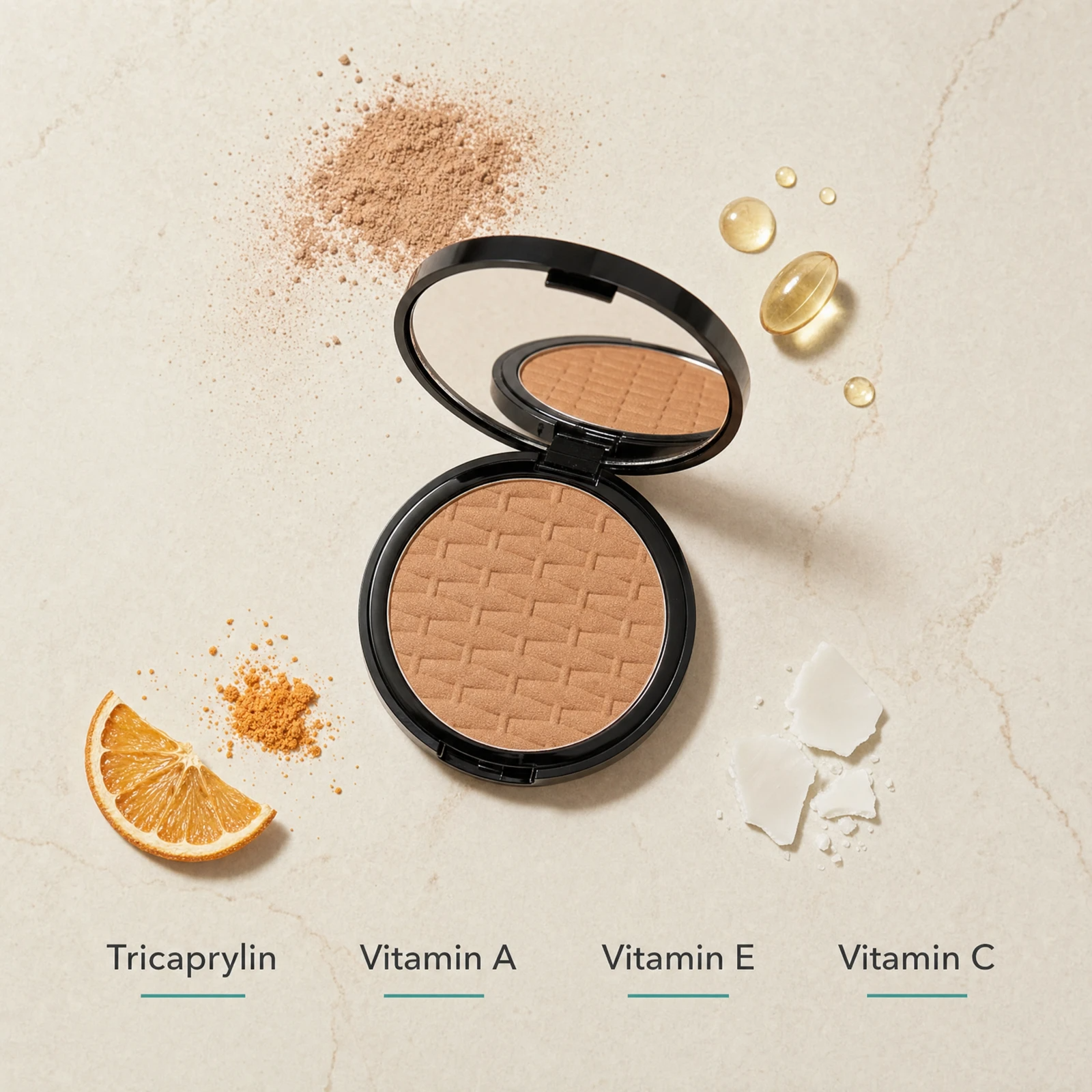 ELES Mineral Sheer Bronzer Rio De Janeiro ingredient flatlay featuring tricaprylin, Vitamin A, Vitamin E and Vitamin C on a warm limestone surface
