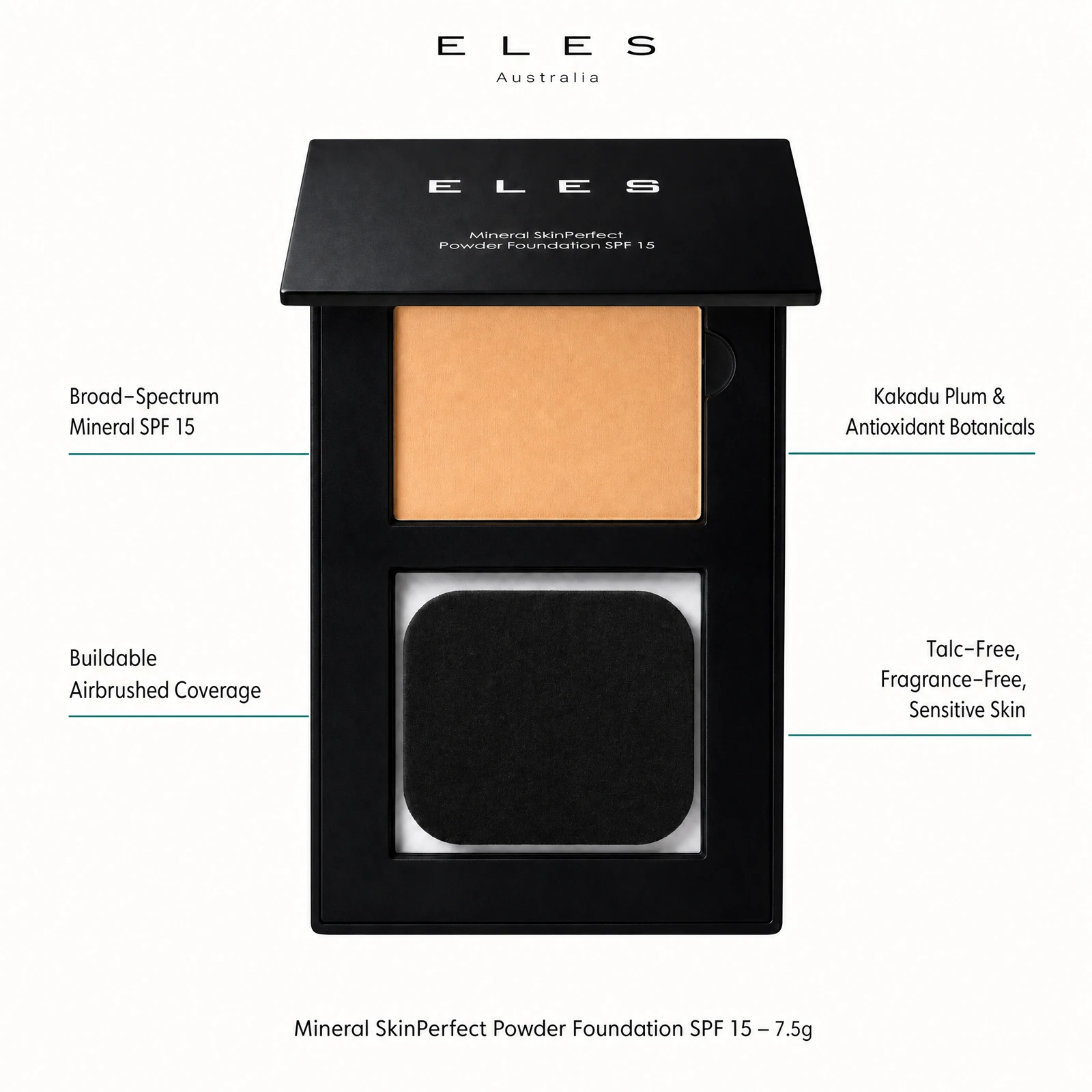 ELES Mineral SkinPerfect Powder Foundation SPF 15 7.5g benefit callout showing broad-spectrum mineral SPF 15, buildable airbrushed coverage, Kakadu plum and antioxidant botanicals, and talc-free fragrance-free sensitive skin formula for professional salon and clinic use