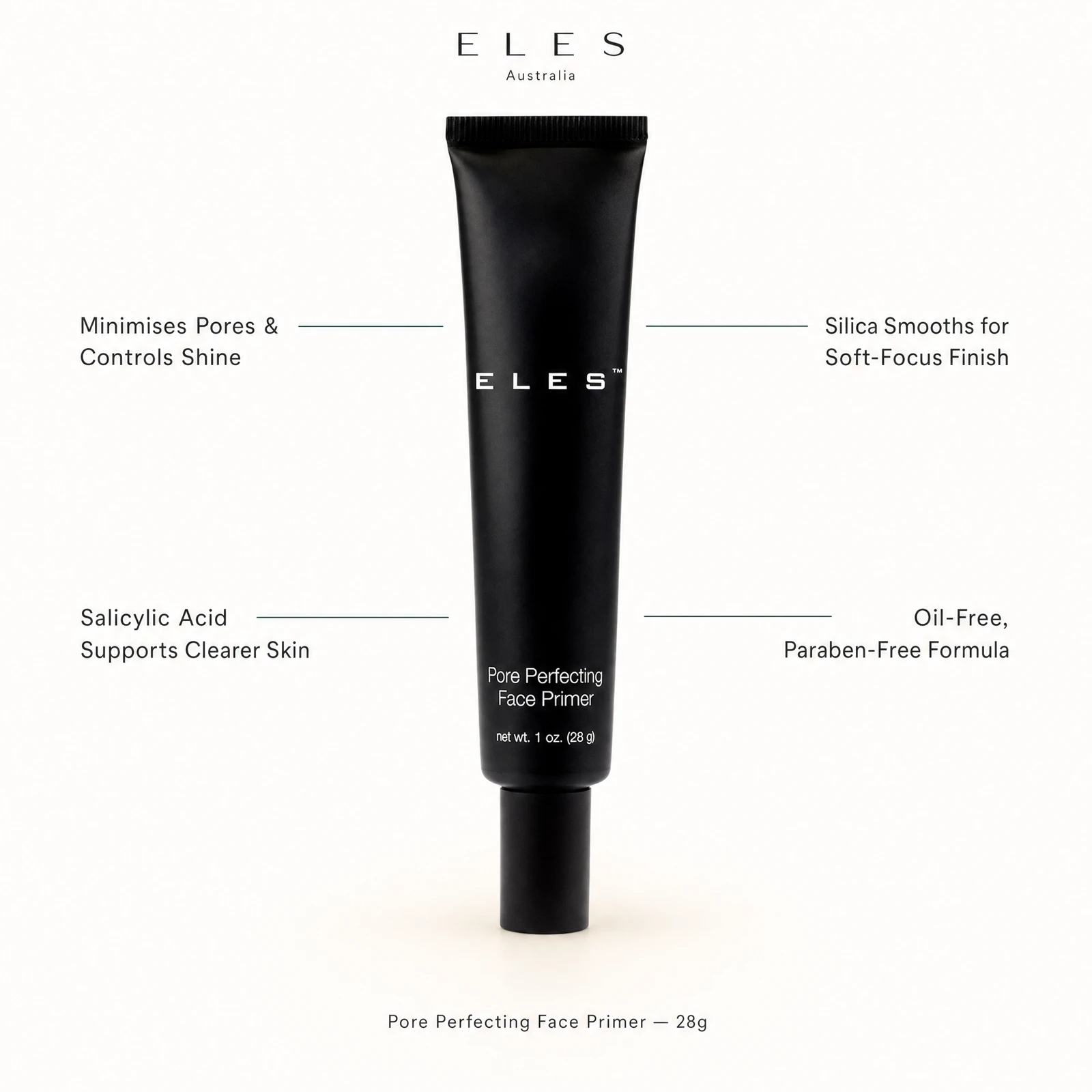 ELES Pore Perfecting Face Primer 28g benefit callout showing minimises pores and controls shine, salicylic acid supports clearer skin, silica smooths for soft-focus finish, and oil-free paraben-free formula for professional salon and clinic use