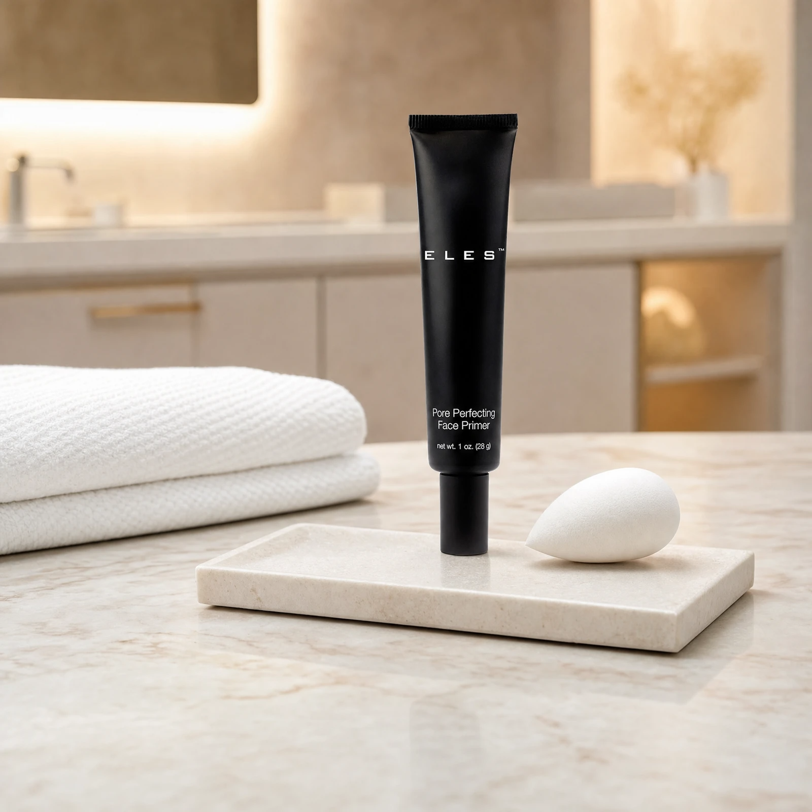 ELES Pore Perfecting Face Primer 28g standing upright on a stone tray with a white makeup sponge on a marble clinic bench inside a premium skin clinic treatment room, ideal for professional skin preparation before makeup application