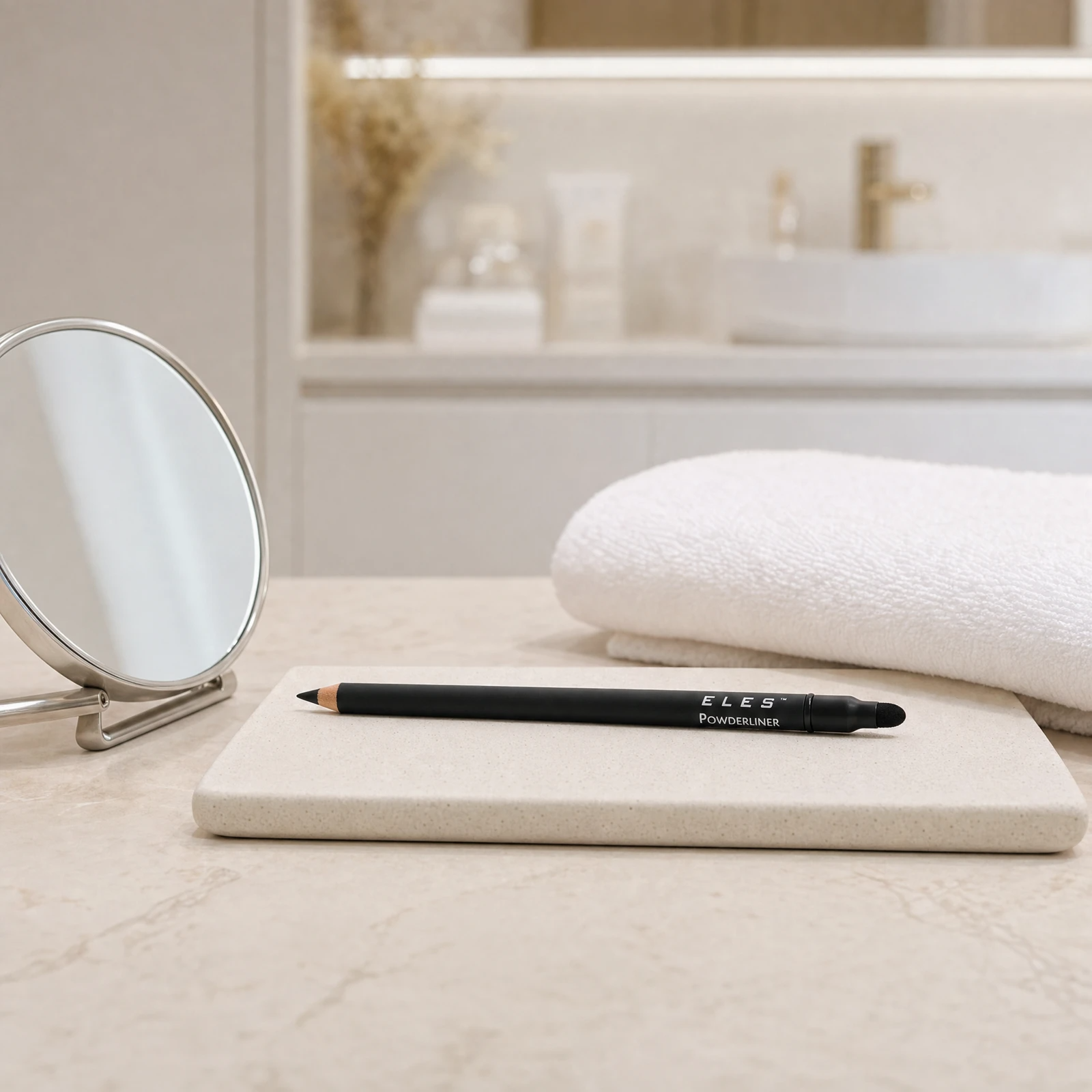 ELES Powder Liner Pencil resting on a stone tray beside a round magnifying mirror on a marble clinic bench inside a premium skin clinic treatment room, ideal for professional eye finishing after facial treatments