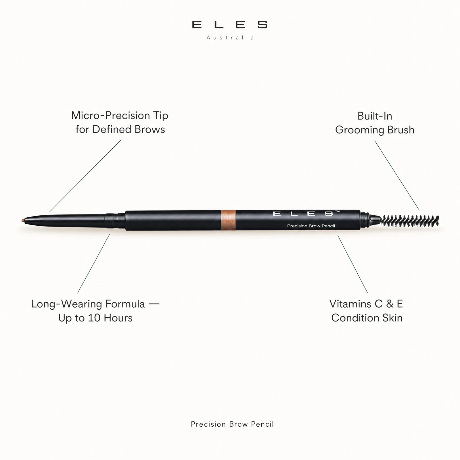 ELES Precision Brow Pencil benefit callout showing micro-precision tip, built-in grooming brush, long-wearing formula up to 10 hours, and Vitamins C and E for professional salon and clinic use