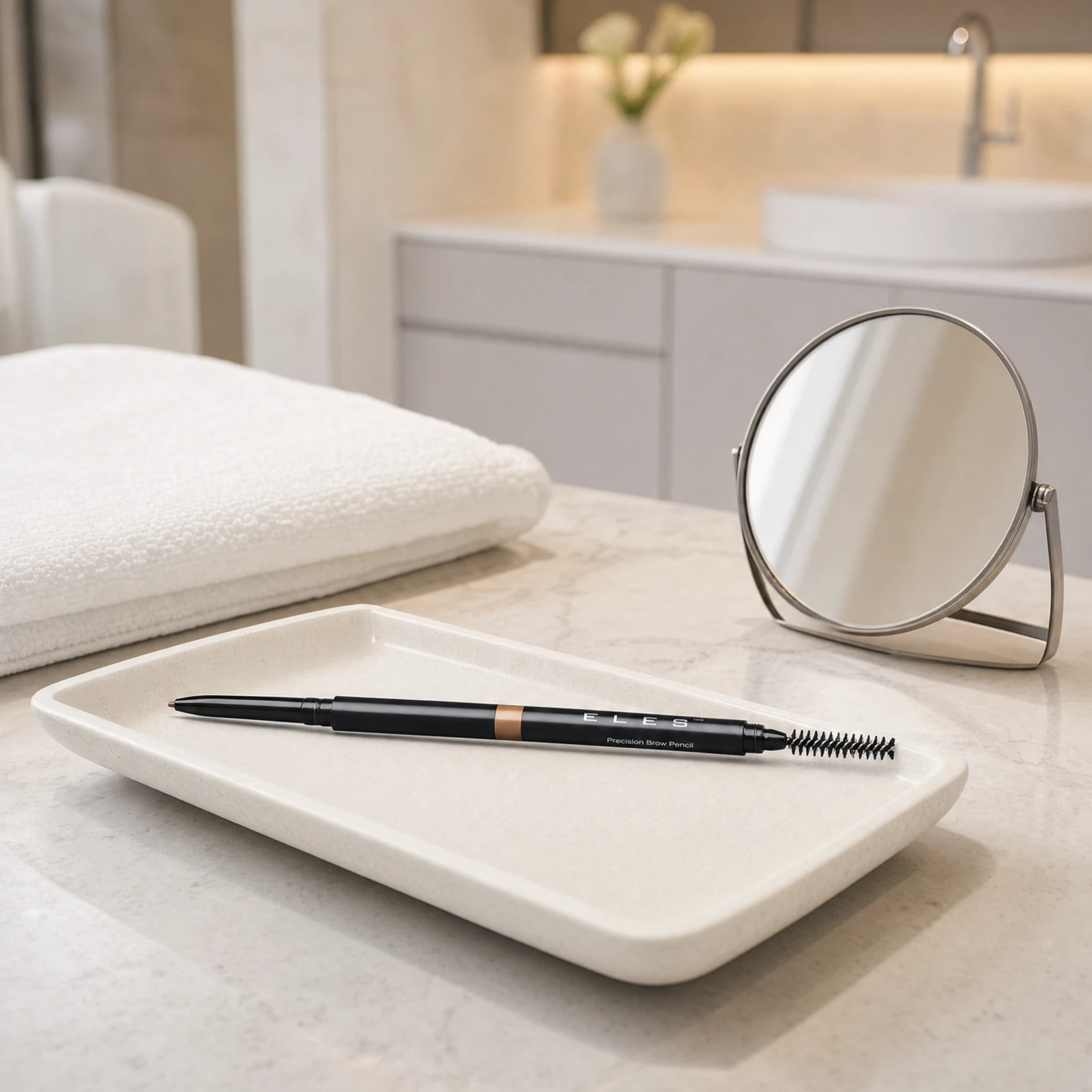 ELES Precision Brow Pencil resting on a ceramic tray beside a round mirror on a marble clinic bench in a premium skin clinic treatment room, ideal for professional brow finishing after facial treatments