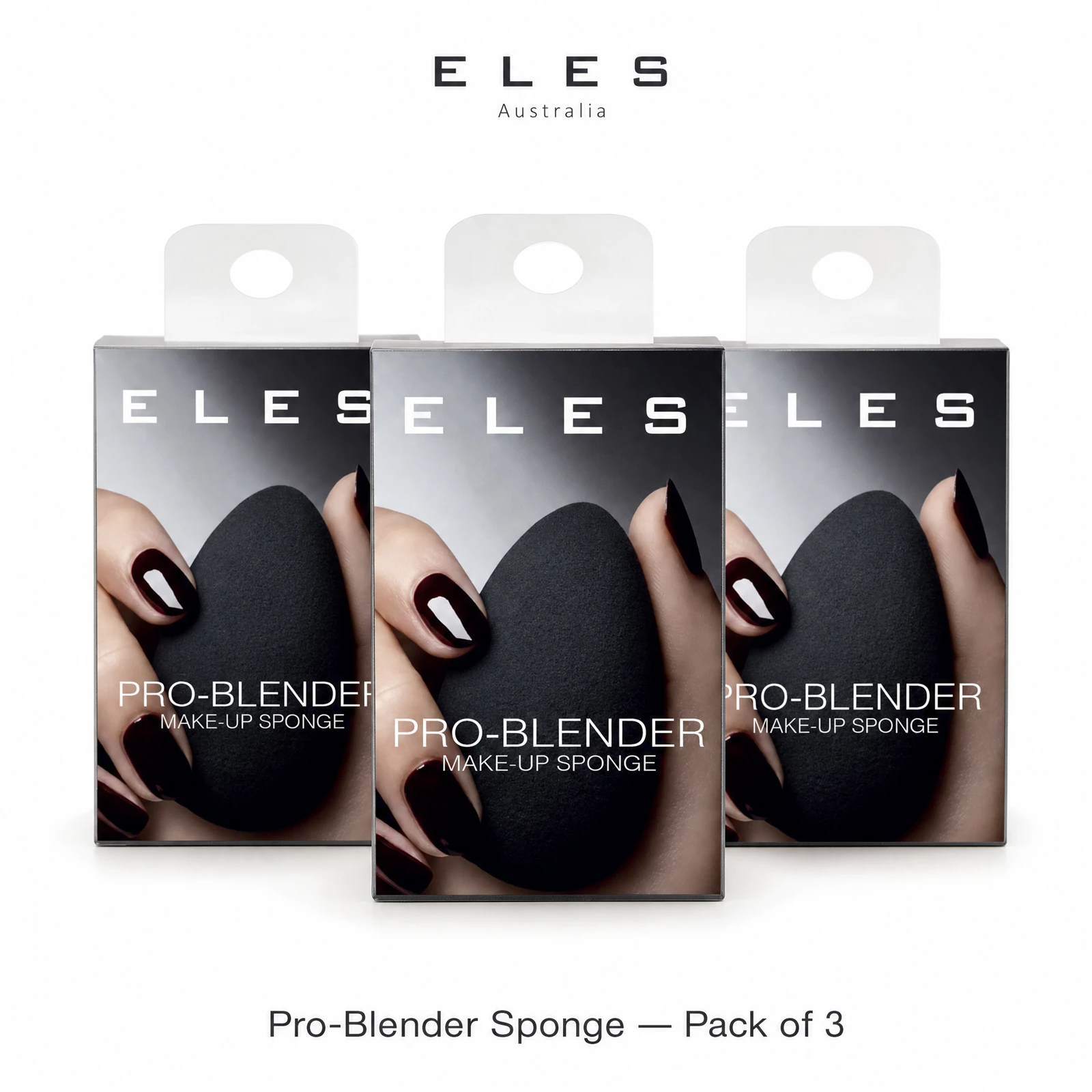 ELES Pro-Blender Make-Up Sponge pack of 3 retail boxes arranged on a clean white background, showing the full branded packaging for professional salon and clinic ordering