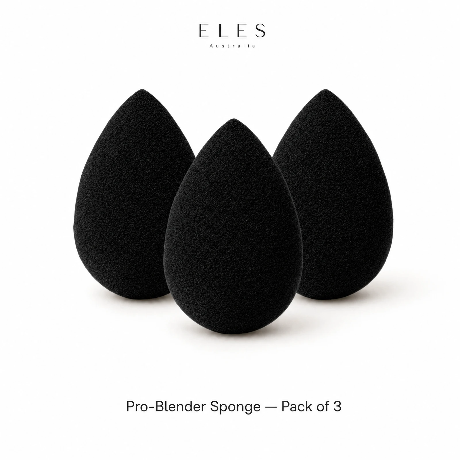 ELES Pro-Blender Sponge pack of 3 matte black teardrop makeup blending sponges on a clean white background, for professional salon and clinic use