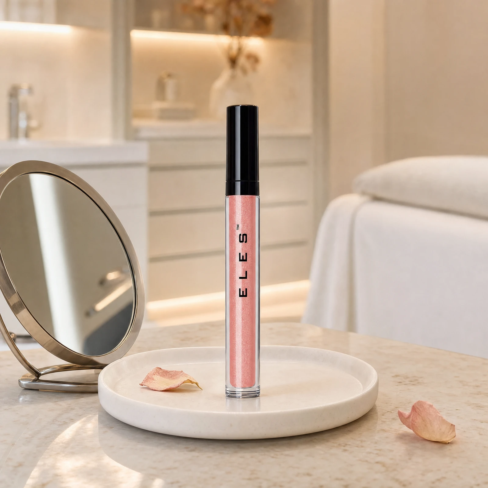 ELES Pucker-Up Lip Gloss on a ceramic tray beside a round mirror on a marble clinic bench inside a premium skin clinic treatment room, ideal for post-facial lip finishing