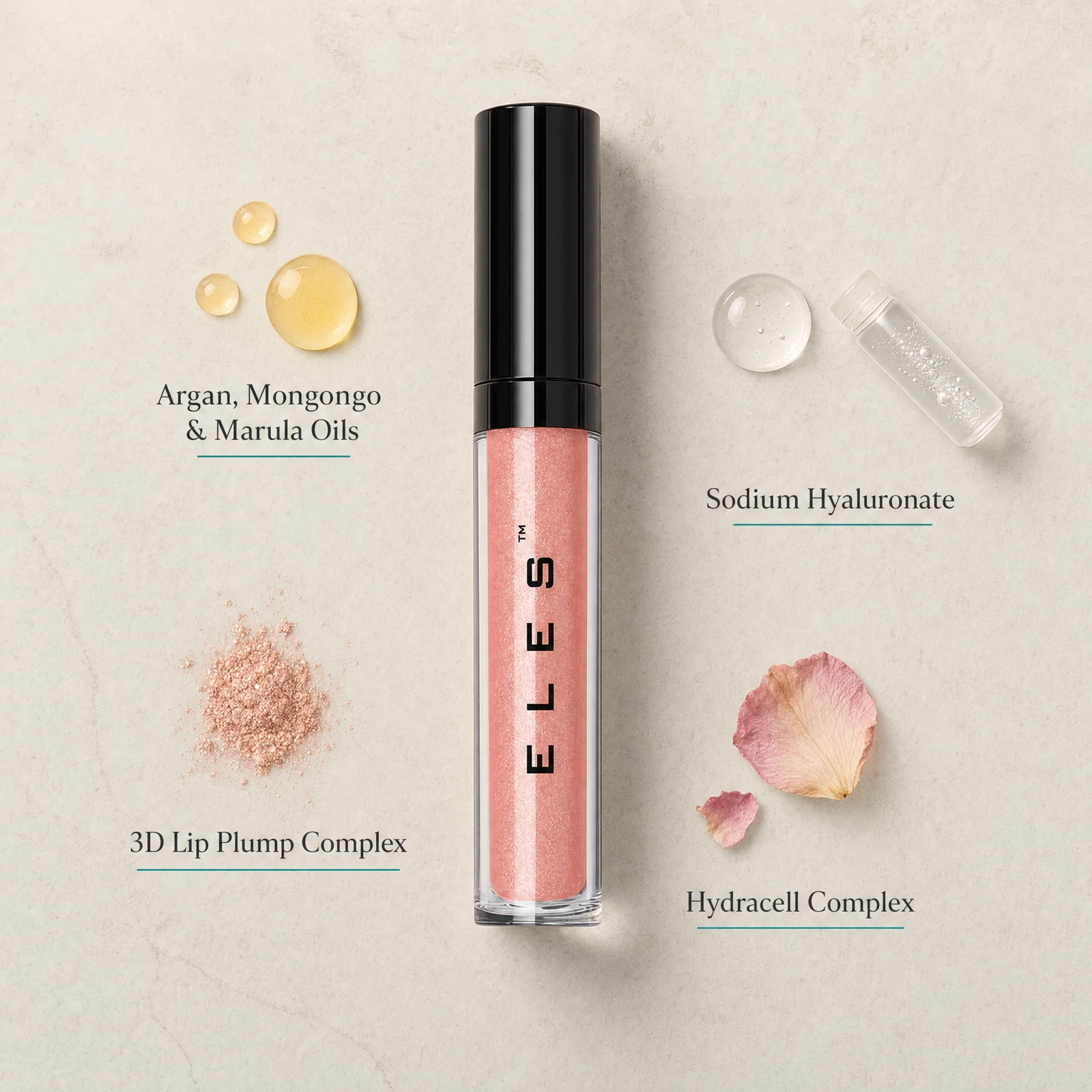 ELES Pucker-Up Lip Gloss ingredient flatlay featuring argan, mongongo and marula oils, sodium hyaluronate, 3D Lip Plump Complex and Hydracell Complex on a warm stone surface