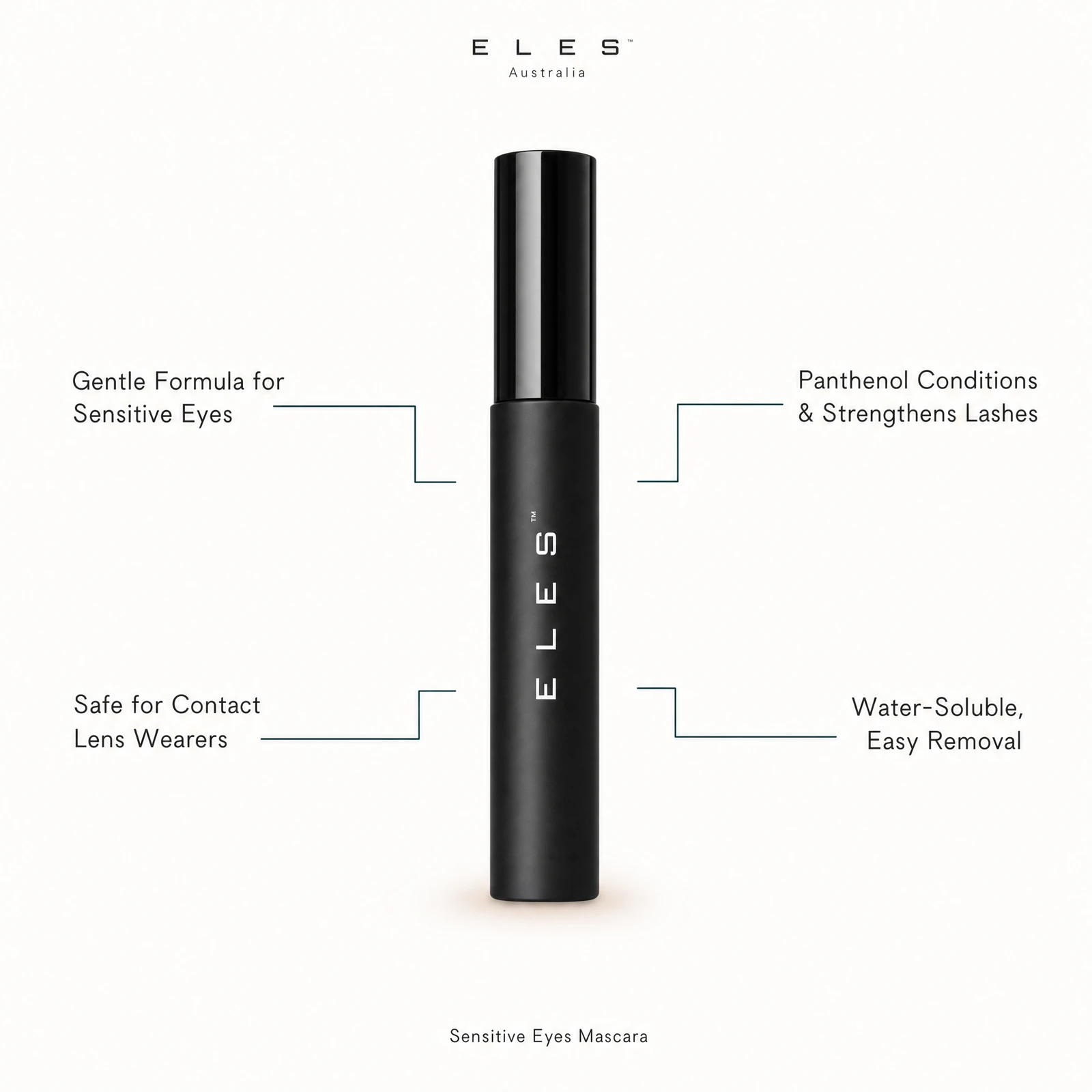 ELES Sensitive Eyes Mascara benefit callout showing gentle formula for sensitive eyes, safe for contact lens wearers, panthenol conditioning and strengthening lashes, and water-soluble easy removal for professional salon and clinic use