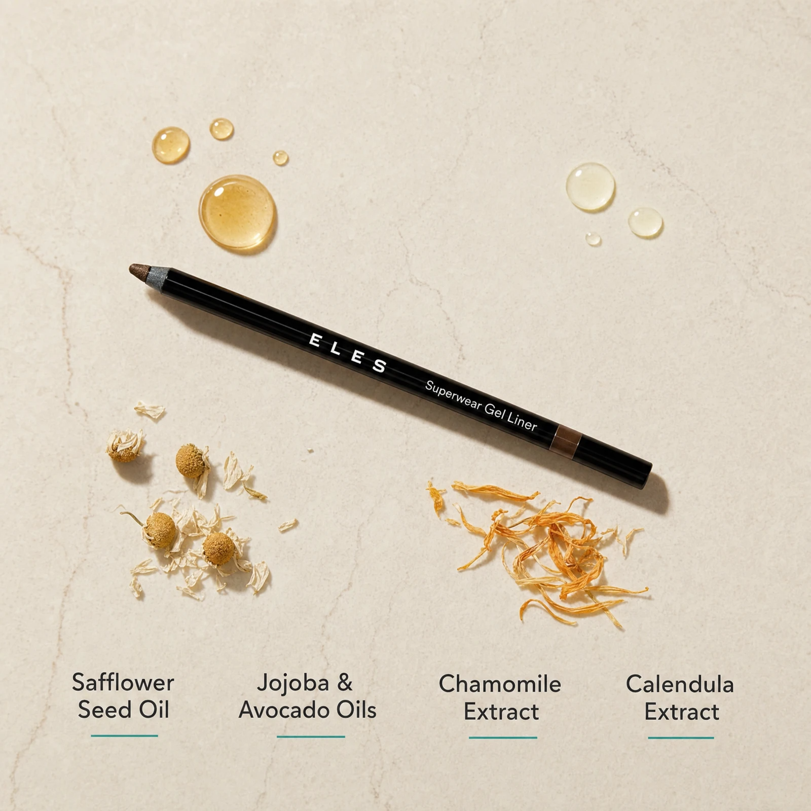 ELES Superwear Gel Liner ingredient flatlay featuring safflower seed oil, jojoba and avocado oils, chamomile extract and calendula extract on a warm limestone surface
