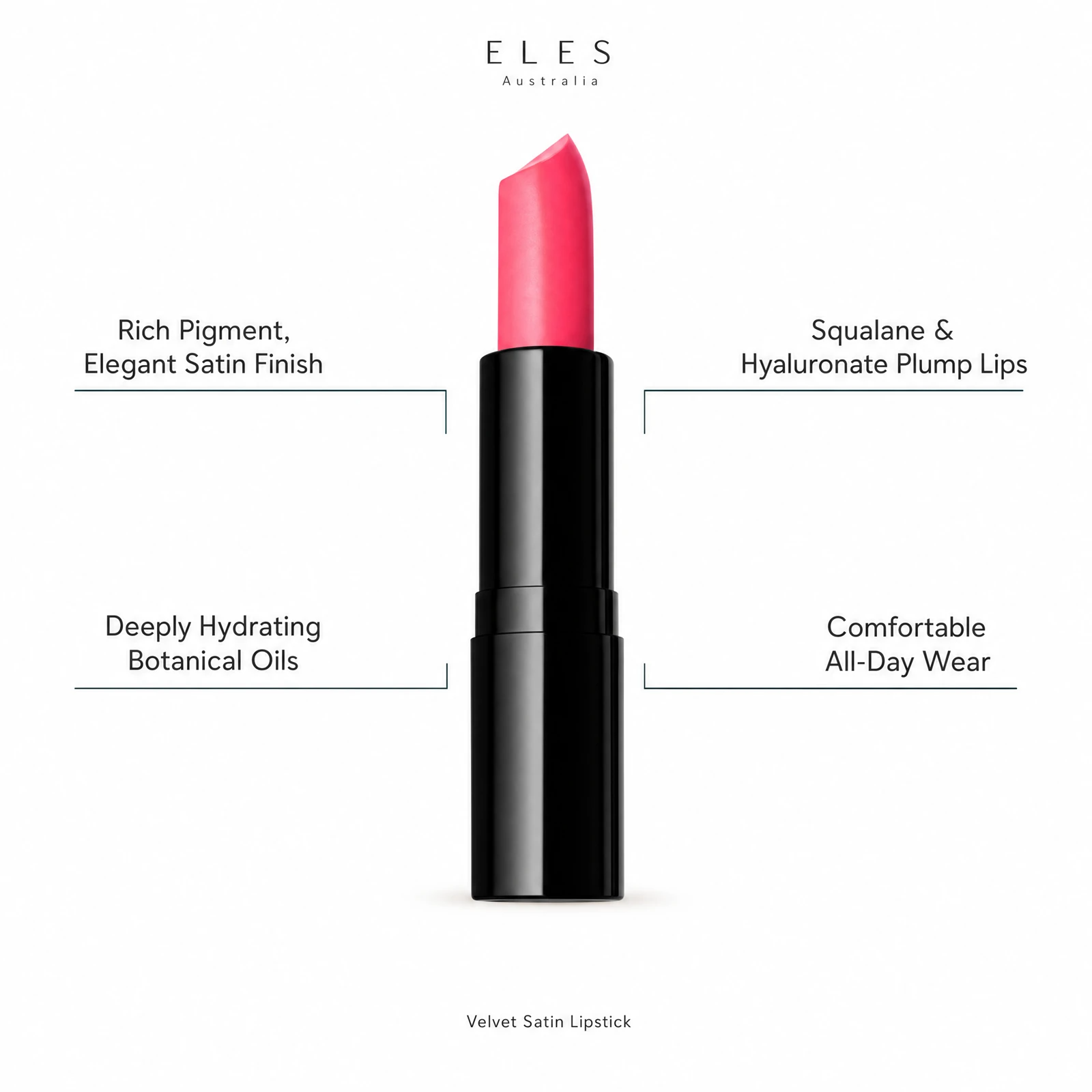 ELES Matte Lipstick benefit callout showing rich pigment elegant satin finish, deeply hydrating botanical oils, squalane and hyaluronate to plump lips, and comfortable all-day wear for professional salon and clinic use