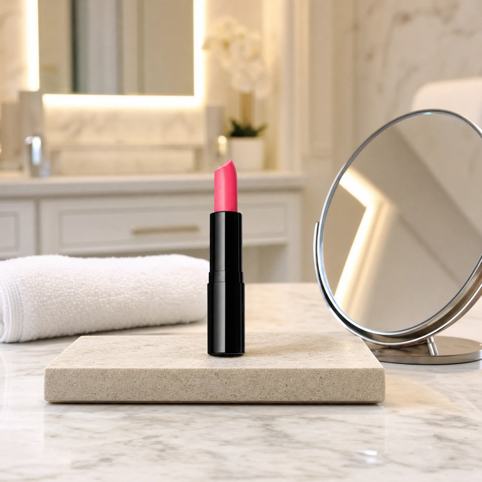 ELES Matte Lipstick in coral-pink standing upright on a stone tray beside a round mirror on a marble clinic bench inside a premium skin clinic treatment room, ideal for professional lip finishing after facial treatments