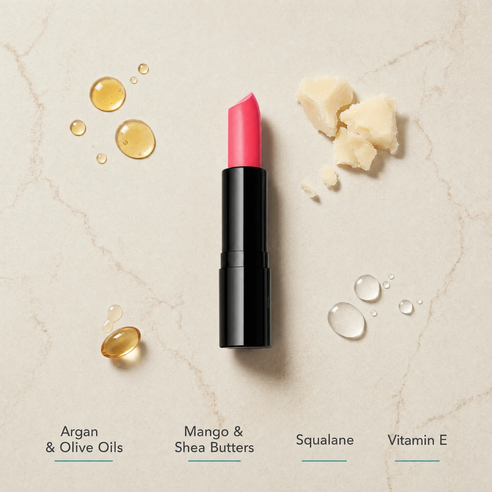 ELES Matte Lipstick ingredient flatlay featuring argan and olive oils, mango and shea butters, squalane and vitamin E on a warm limestone surface