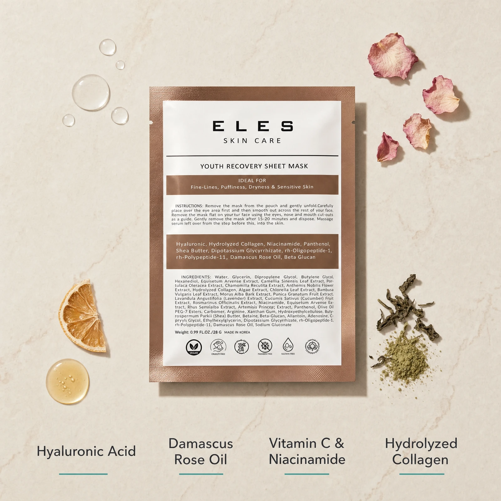 ELES Youth Recovery Sheet Mask ingredient flatlay featuring hyaluronic acid, Damascus rose oil, vitamin C and niacinamide, and hydrolyzed collagen on a warm limestone surface