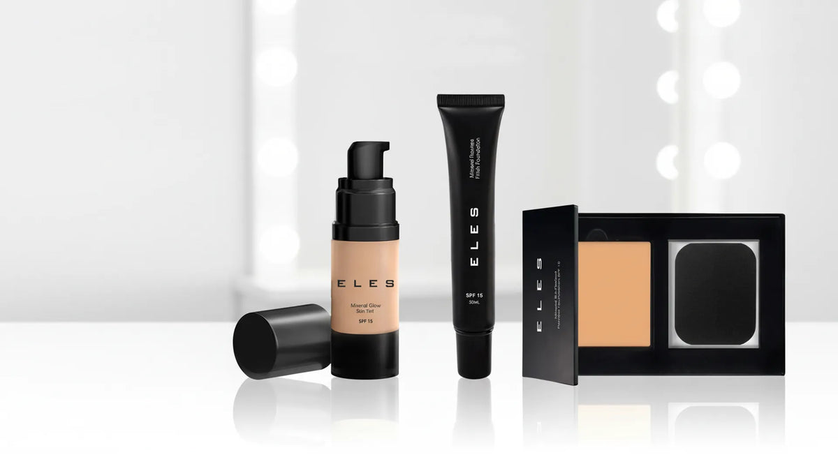 Makeup products including a bottle, stick, and compact with 'ELES' branding on a white background.