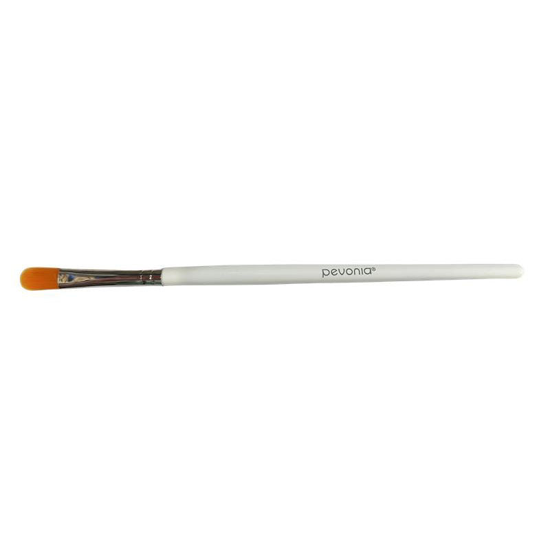 White makeup brush with orange bristle tip and 'pevonia' branding on a white background