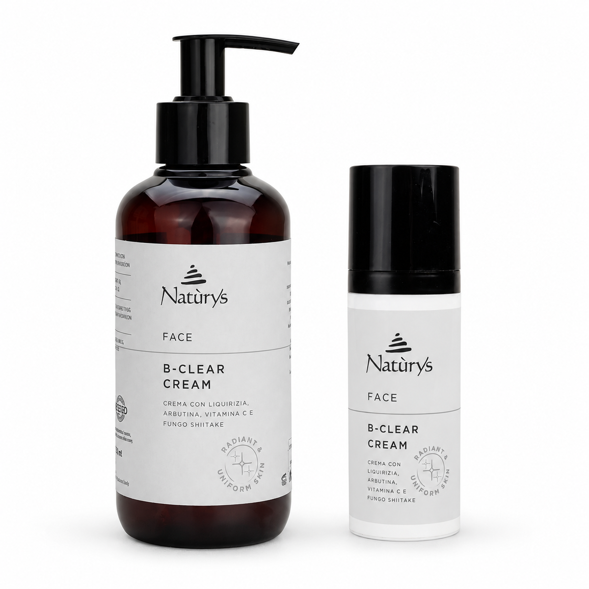 Face B-Clear Cream Prof. Use 250ml and Retail 50ml shown together on a clean white background