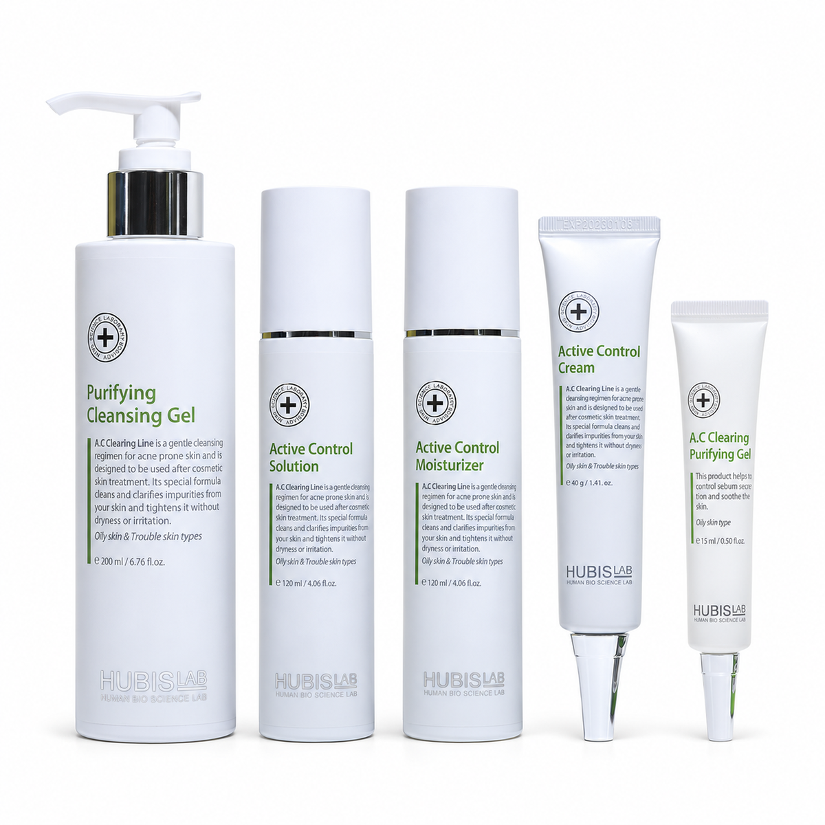 HUBISLAB A.C Clearing Set contents: Cleansing Gel 200 ml, Solution 120 ml, Moisturiser 120 ml, Cream 40 g and Purifying Gel 15 ml.