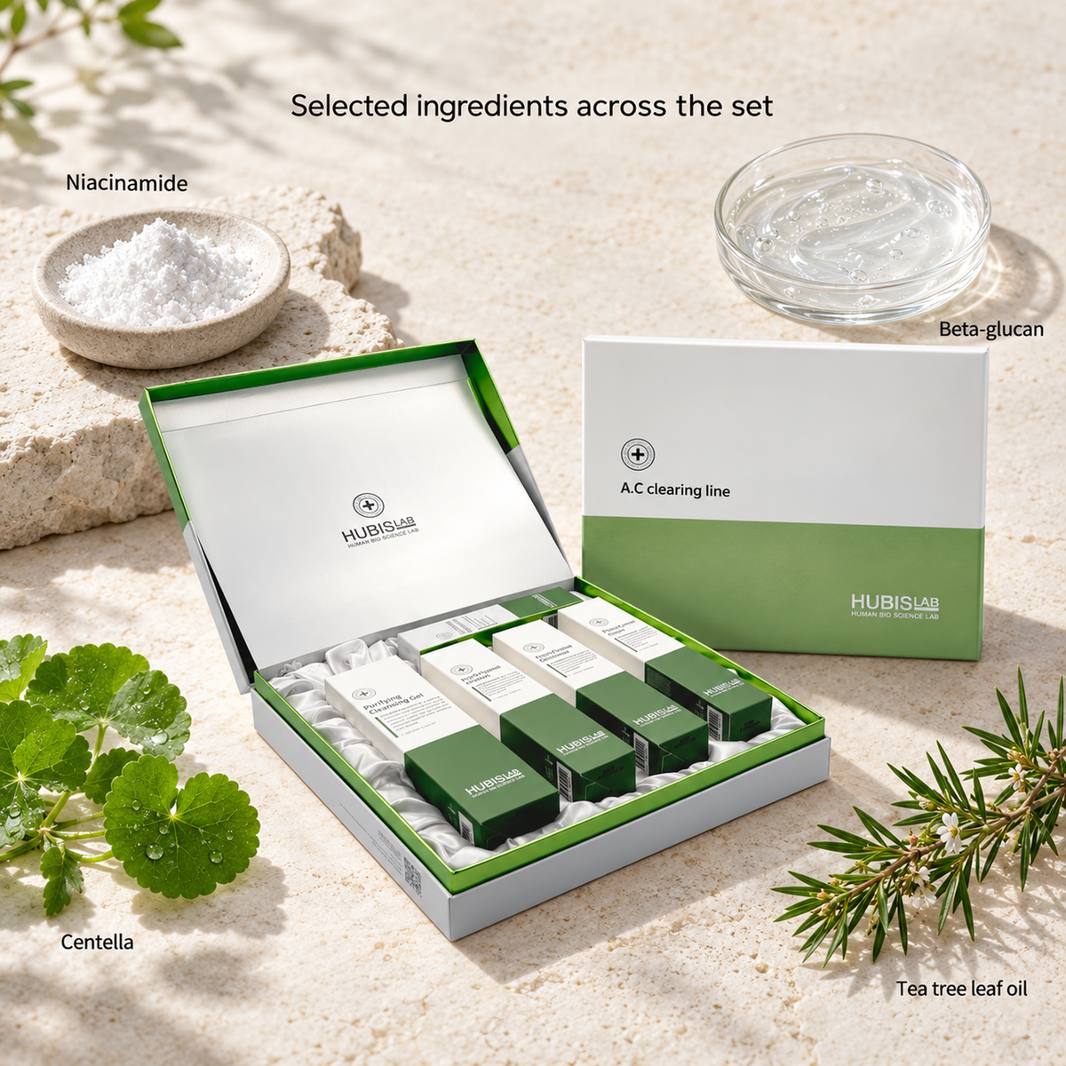 HUBISLAB A.C Clearing Set with labelled representations of niacinamide, beta-glucan, centella and tea tree leaf oil.