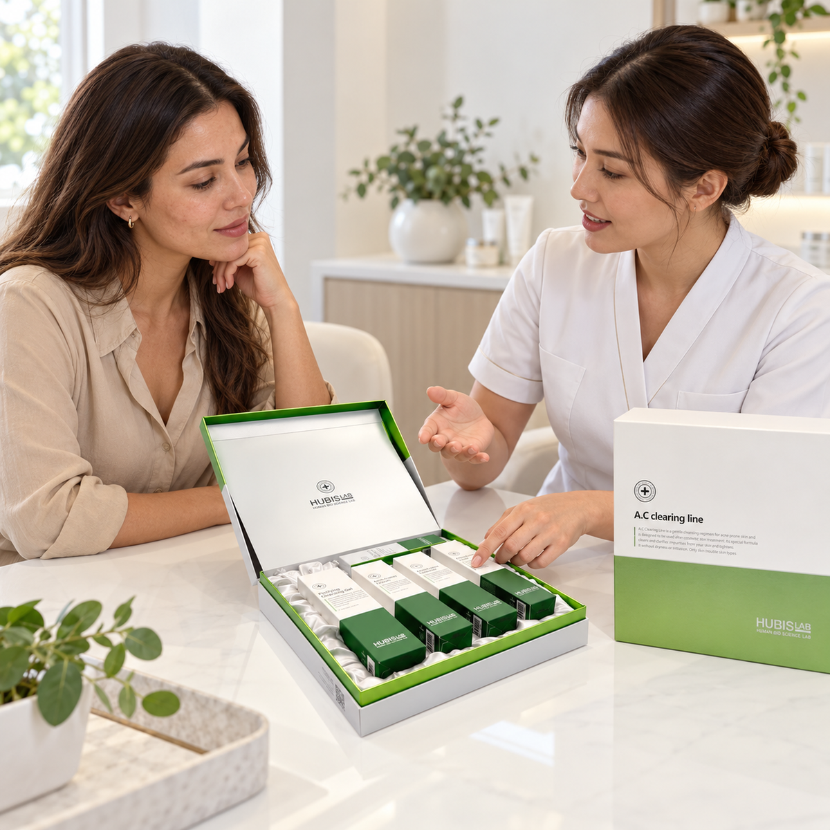 Therapist discussing individual product selection with a client beside the HUBISLAB A.C Clearing Set.