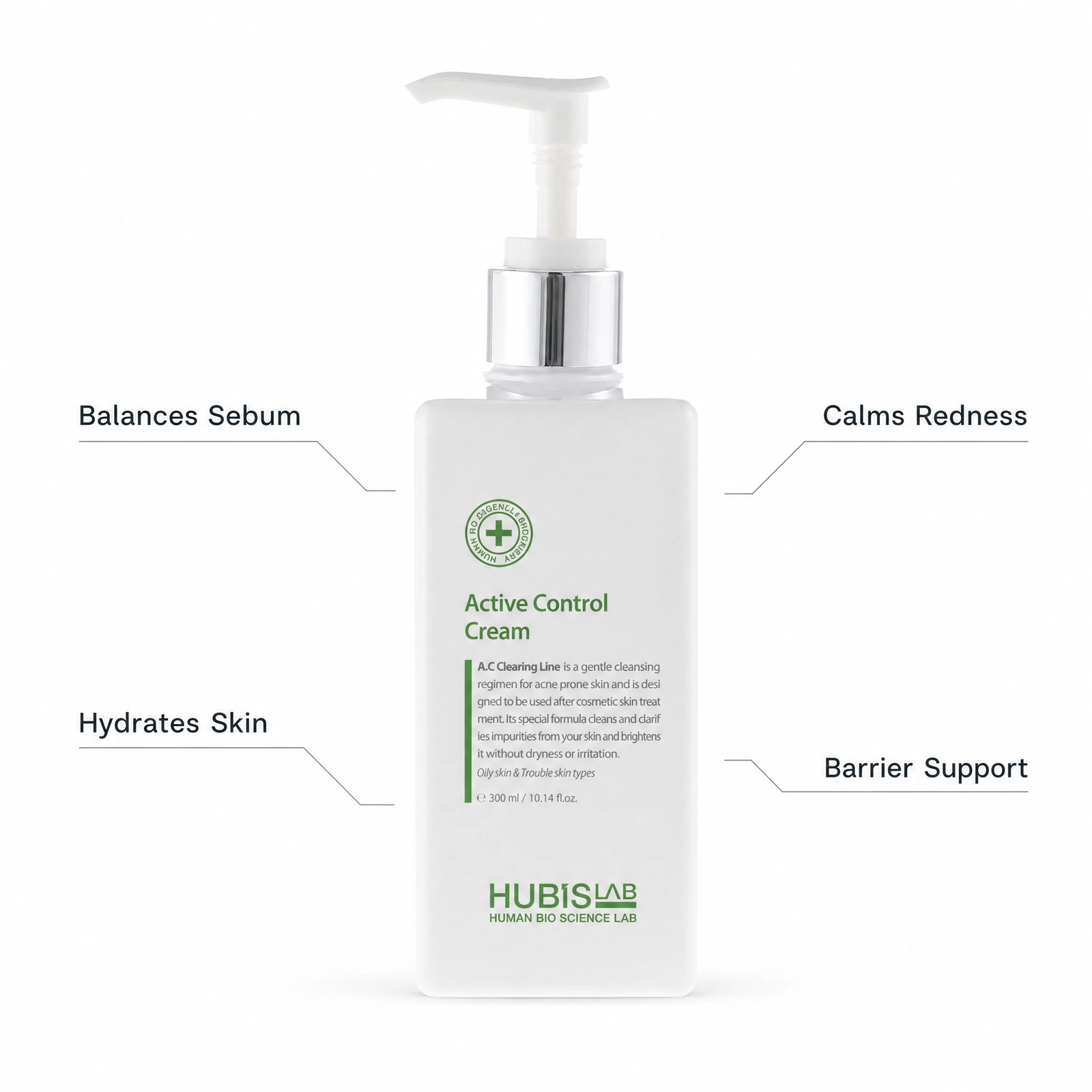 Hubislab A.C Clearing Active Control Cream 300ml with professional benefit callouts for balancing sebum, calming redness, hydrating skin and supporting the barrier.