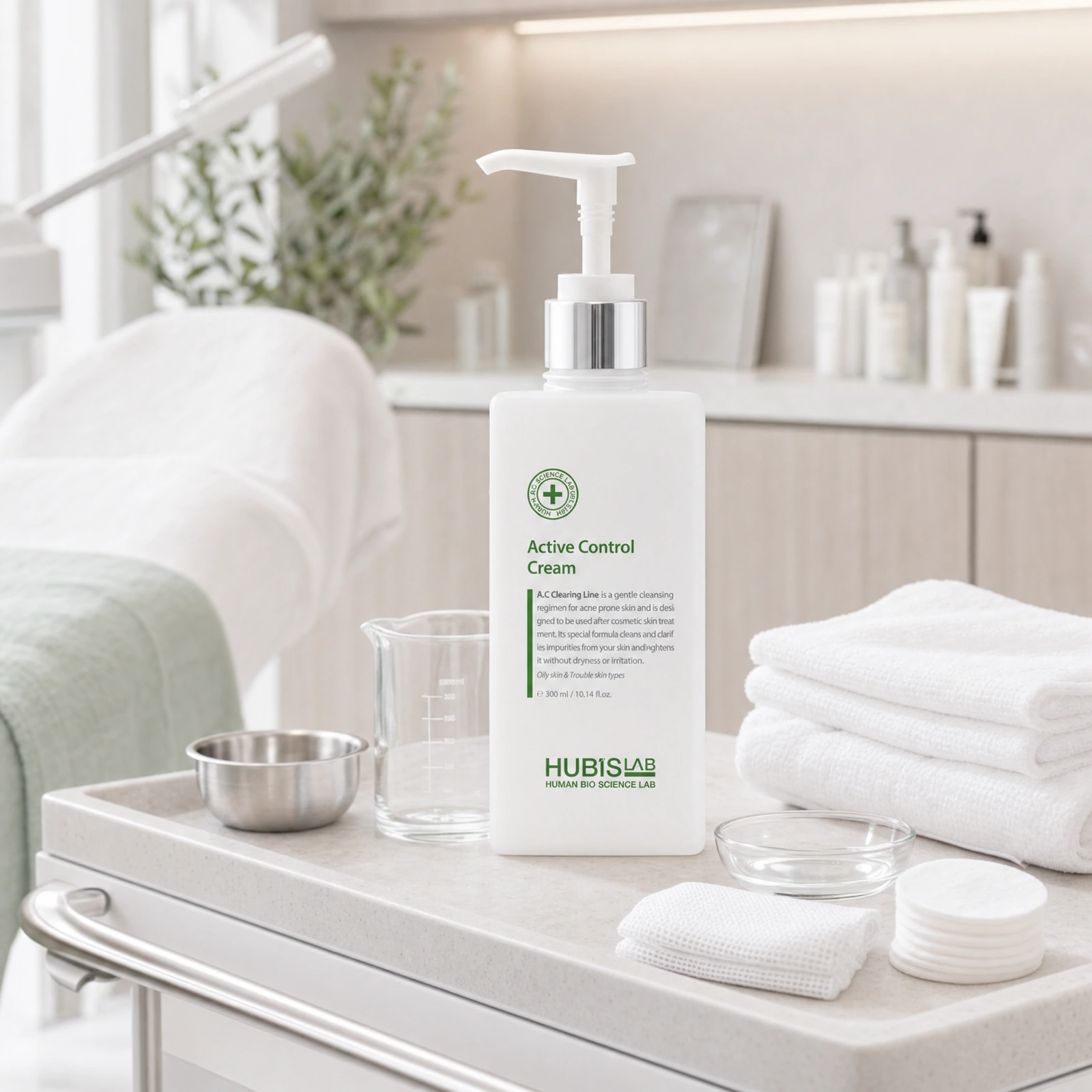 Hubislab A.C Clearing Active Control Cream 300ml displayed in a premium clinical treatment-room setting for acne-control moisturising, redness support and barrier comfort protocols.