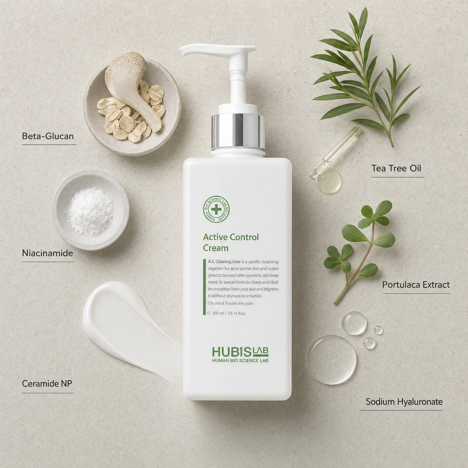 Hubislab A.C Clearing Active Control Cream 300ml ingredient flatlay with Beta-Glucan, Niacinamide, Ceramide NP, Tea Tree Oil, Portulaca Extract and Sodium Hyaluronate.