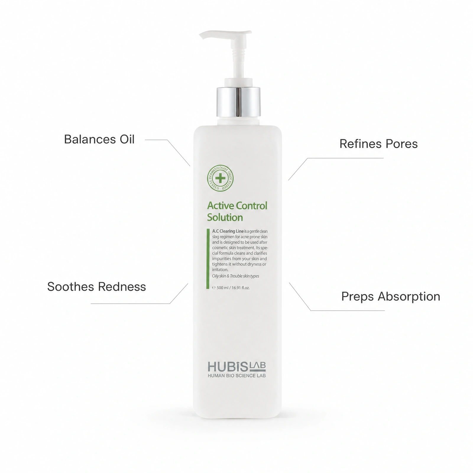 Hubislab A.C Clearing Active Control Solution 500ml with professional benefit callouts for balancing oil, refining pores, soothing redness and preparing skin for better absorption.
