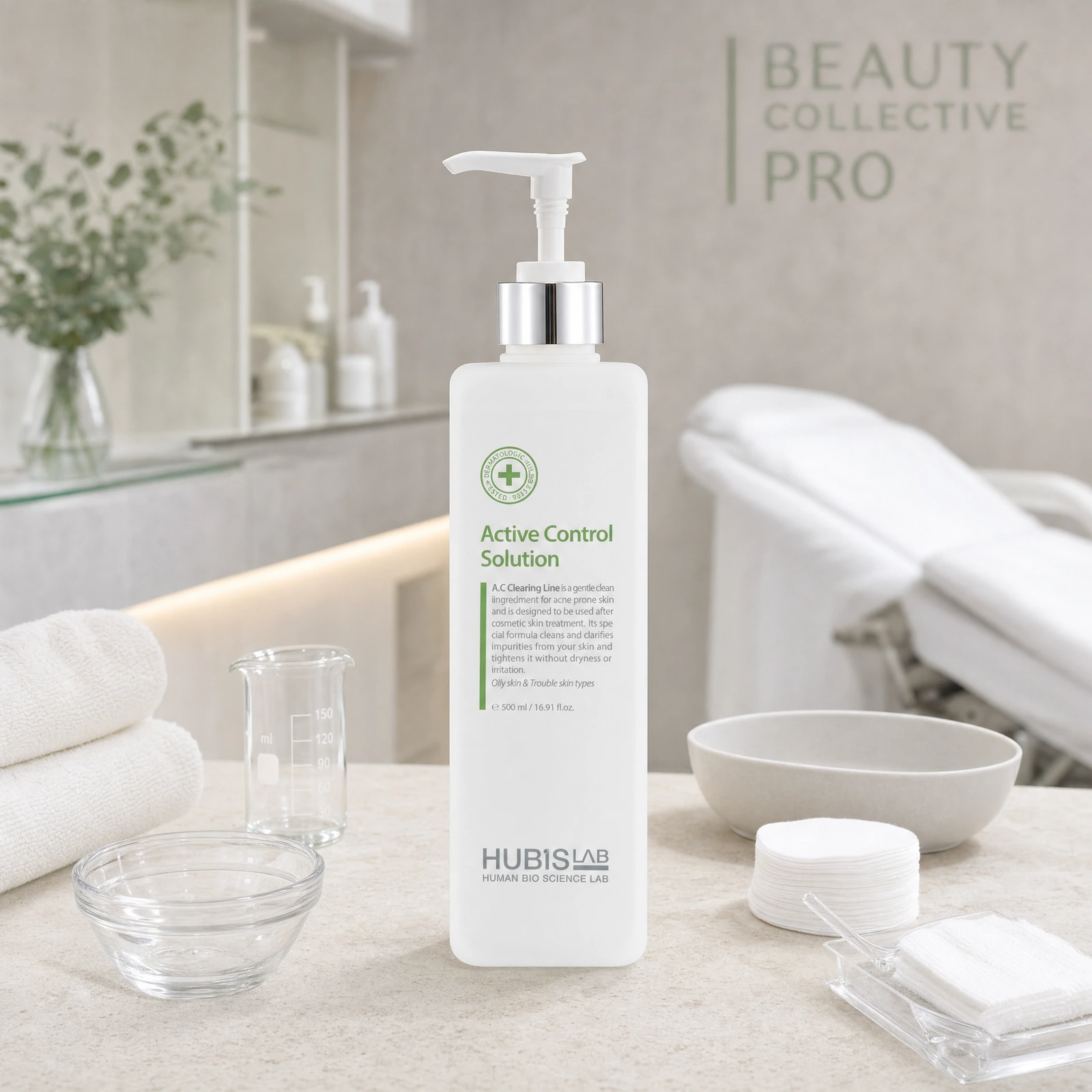 Hubislab A.C Clearing Active Control Solution 500ml displayed in a premium clinical treatment-room setting for acne-control toning, pore refinement and post-cleanse skin preparation.
