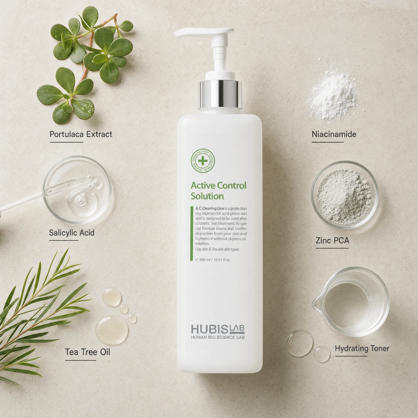Hubislab A.C Clearing Active Control Solution 500ml ingredient flatlay with Portulaca Extract, Salicylic Acid, Tea Tree Oil, Niacinamide, Zinc PCA and Hydrating Toner.