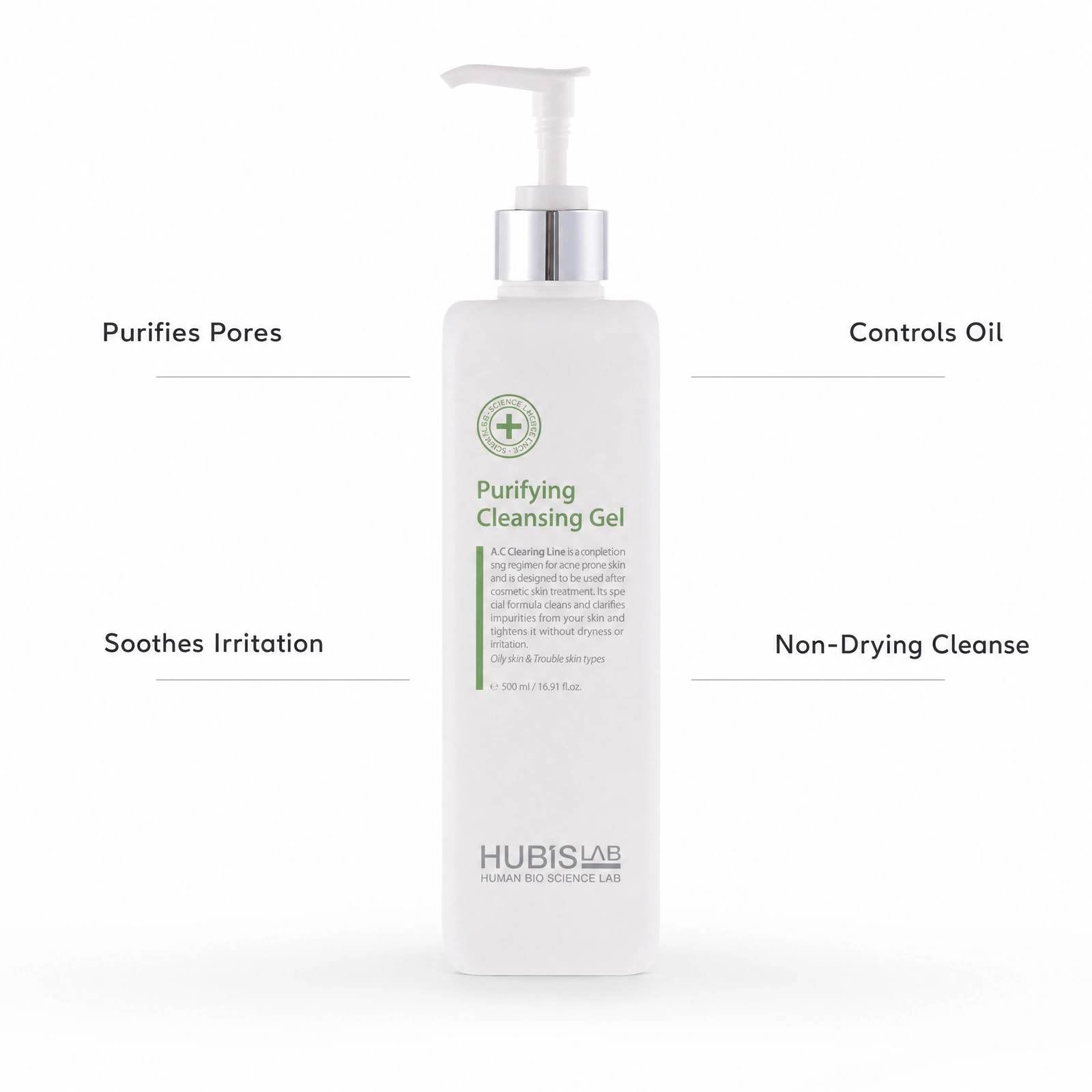 Hubislab A.C Clearing Purifying Cleansing Gel 500ml with professional benefit callouts for pore purification, oil control, soothing irritation and non-drying cleansing.