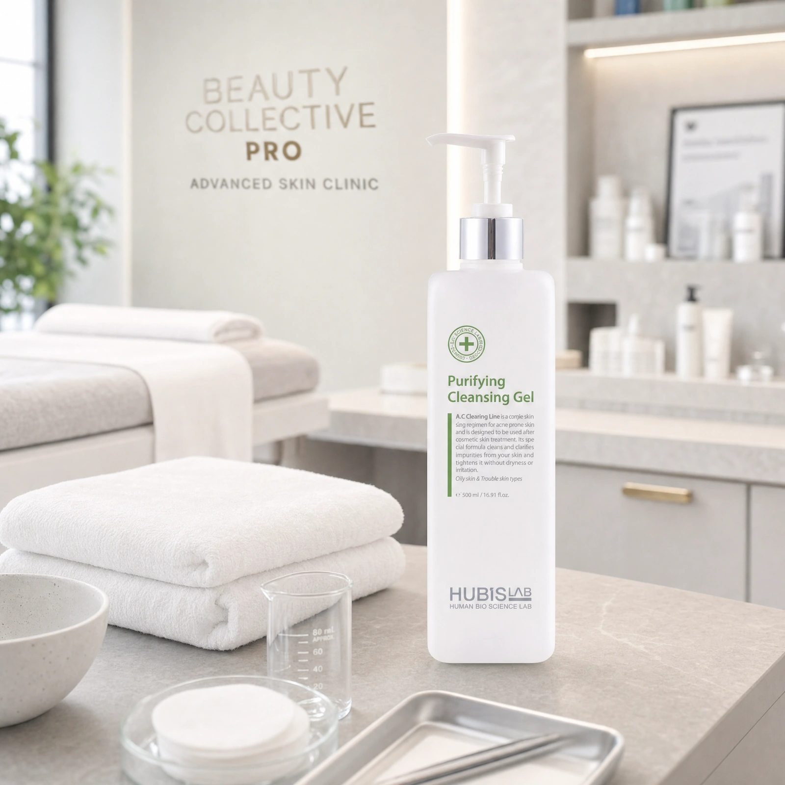 Hubislab A.C Clearing Purifying Cleansing Gel 500ml displayed in a premium clinical treatment-room setting for acne-control cleansing, pore purification and post-treatment skin comfort.