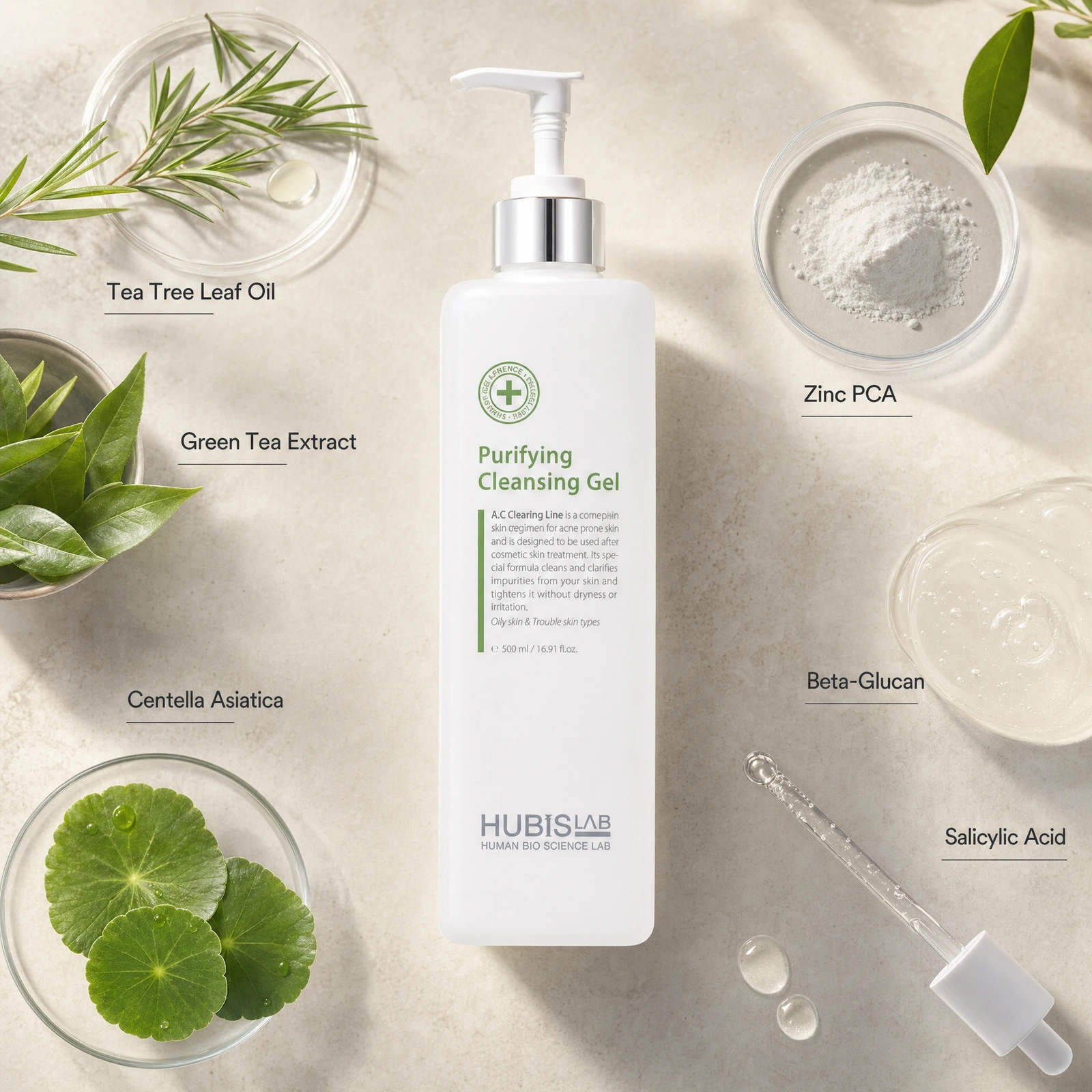 Hubislab A.C Clearing Purifying Cleansing Gel 500ml ingredient flatlay with Tea Tree Leaf Oil, Green Tea Extract, Centella Asiatica, Zinc PCA, Beta-Glucan and Salicylic Acid.