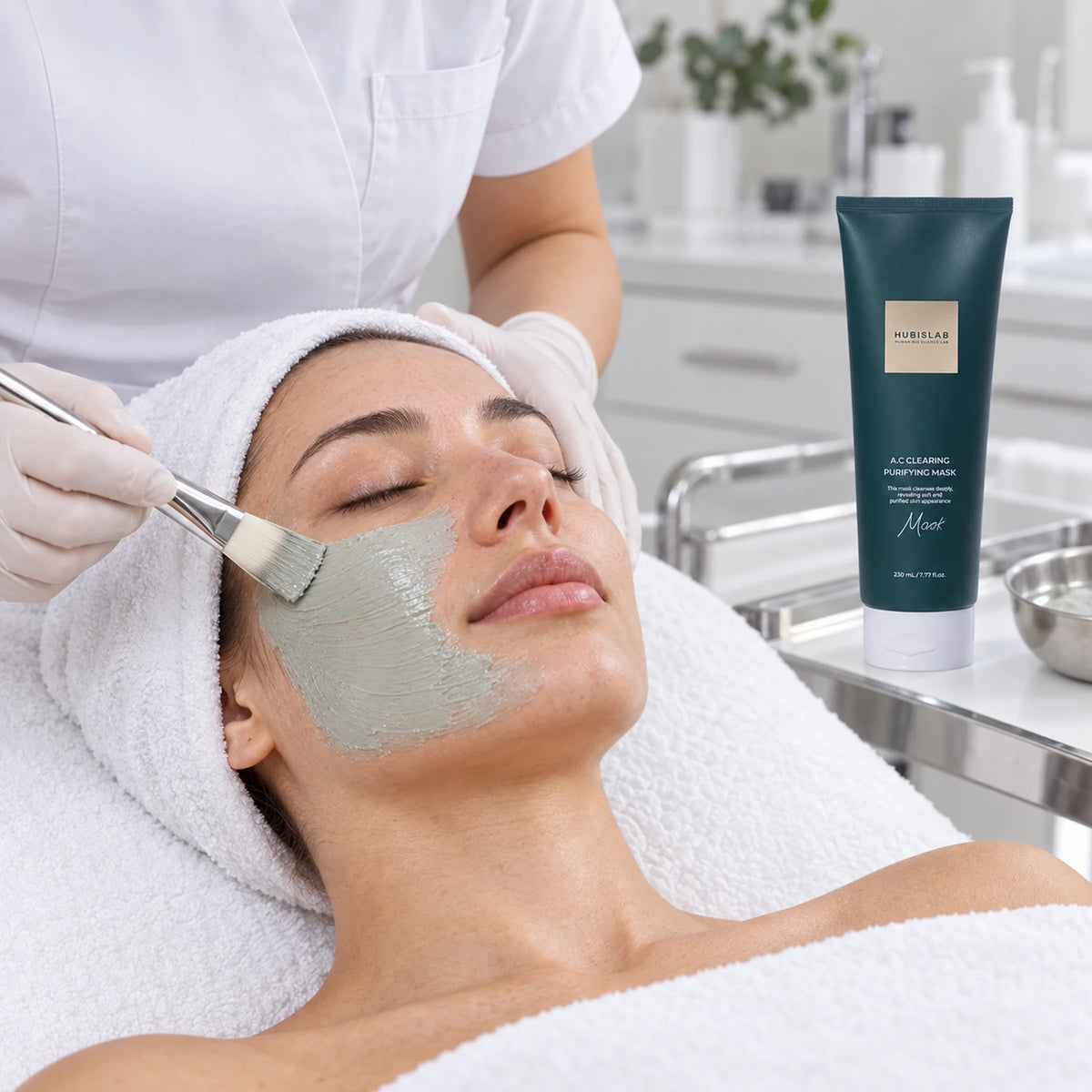 Therapist applying HUBISLAB A.C Clearing Purifying Mask during a facial, with the professional 230 ml tube on a tray.