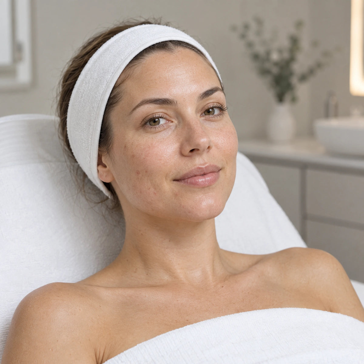 Client resting after a professional facial, with natural skin texture visible