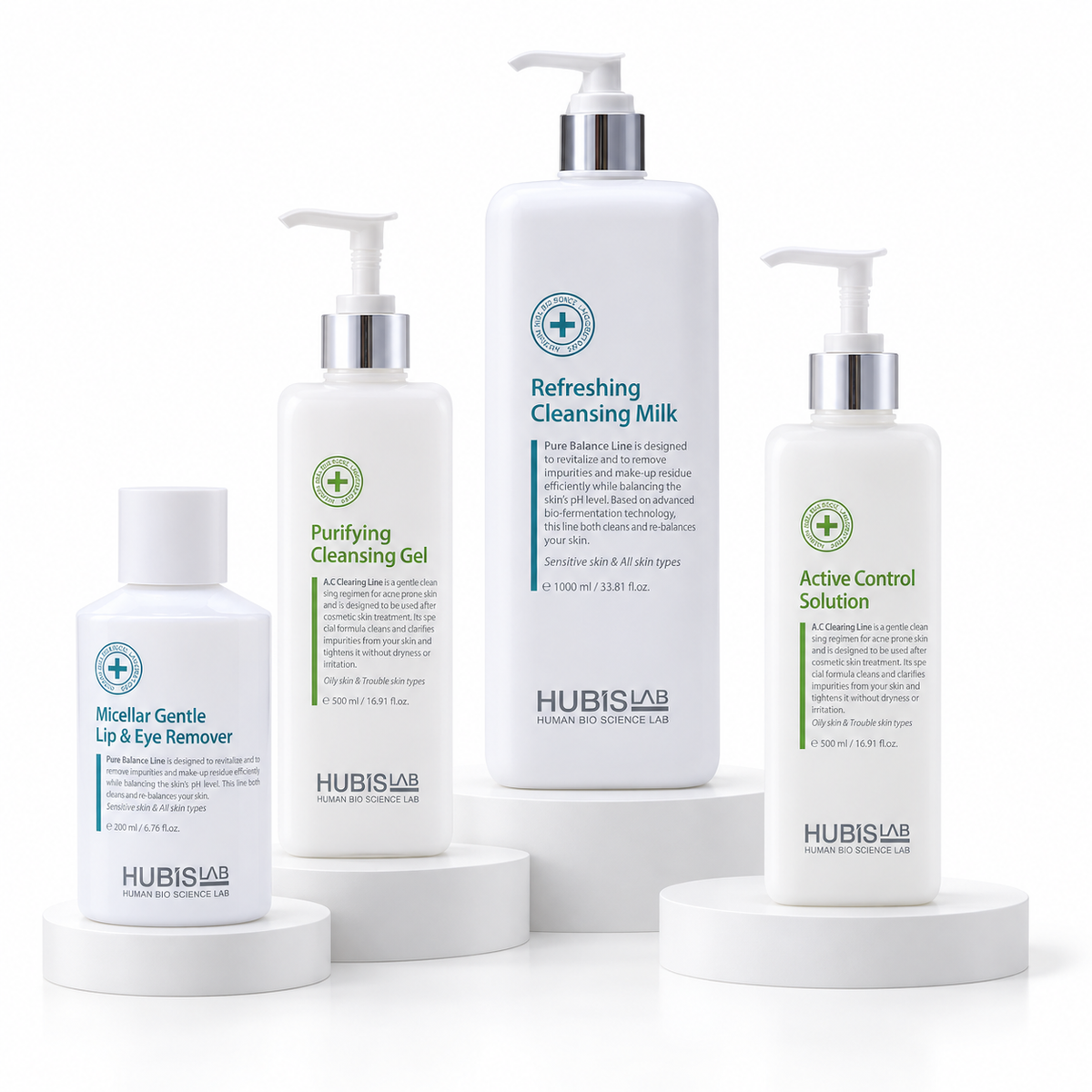 HUBISLAB Acne Control Treatment preparation products: Micellar Remover 200ml, Cleansing Milk 1000ml, Cleansing Gel 500ml and Active Control Solution 500ml.