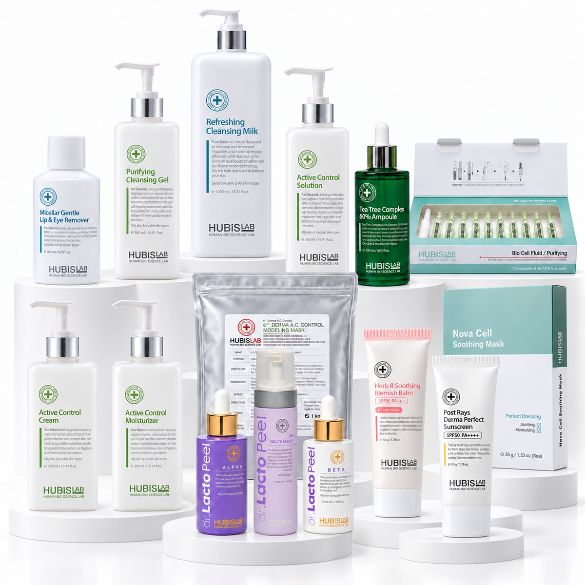 All 15 HUBISLAB Acne Control Treatment products, including professional cleansers, peels, ampoules, masks, moisturisers and finishing SPF products.