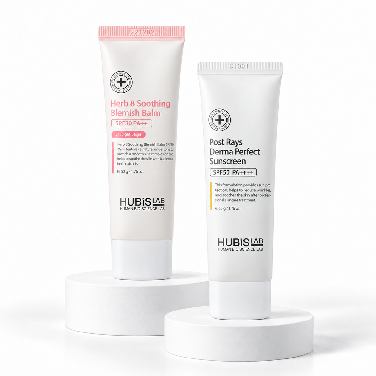 HUBISLAB Herb 8 Soothing Blemish Balm SPF30 PA++ 50g and Post Rays Derma Perfect Sunscreen SPF50 PA++++ 50g.