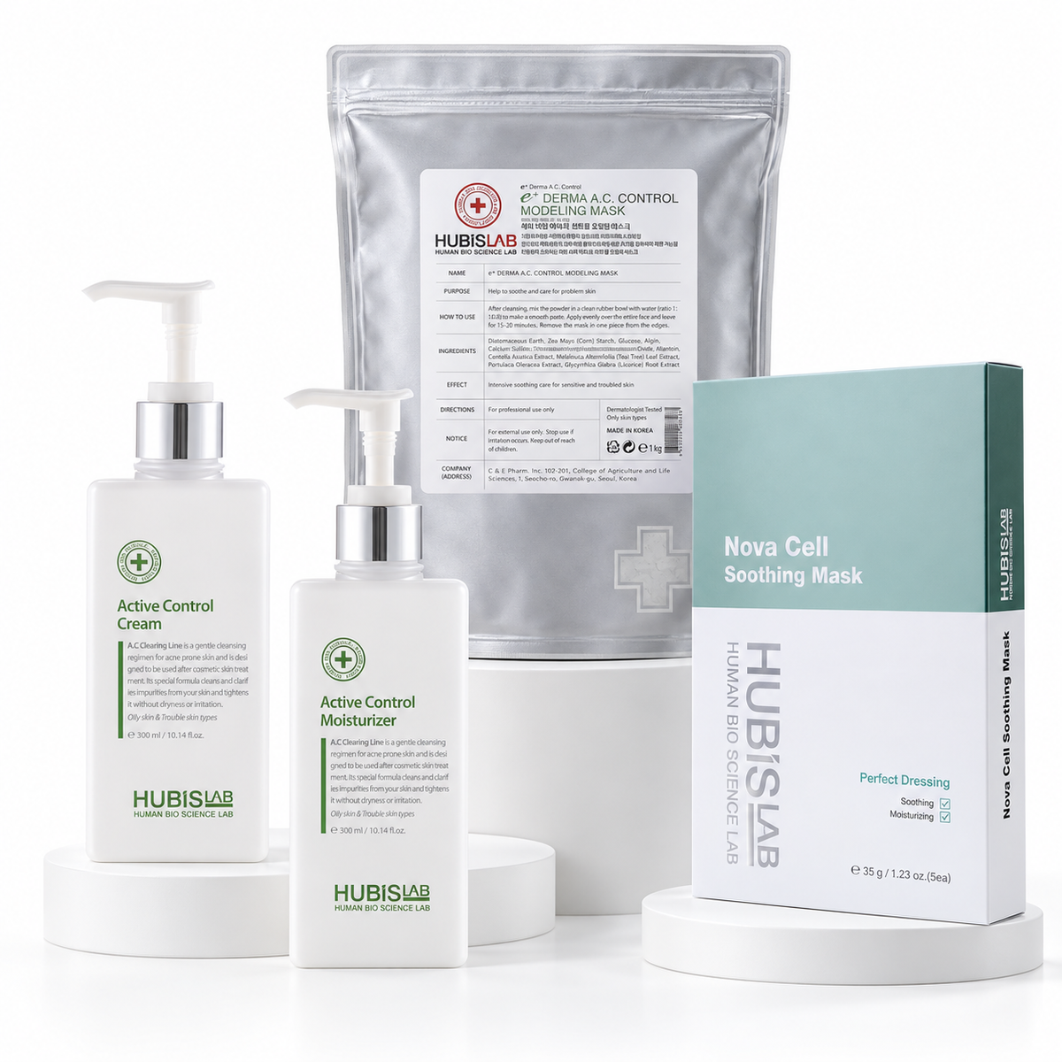 HUBISLAB Acne Control Treatment masks and recovery products: Active Control Cream and Moisturiser 300ml, AC Control Modeling Mask 1kg and Nova Cell Soothing Mask.