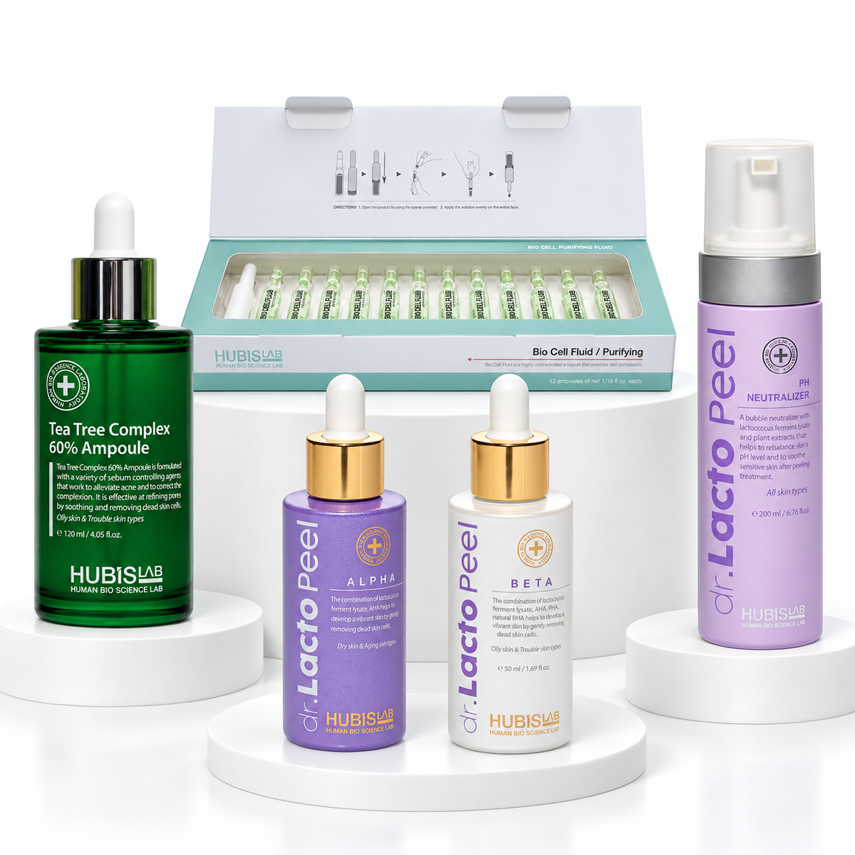 HUBISLAB Acne Control Treatment active products: Tea Tree Ampoule 120ml, Bio Cell Purifying Fluid, Dr. Lacto Peel Alpha, Beta and pH Neutralizer.