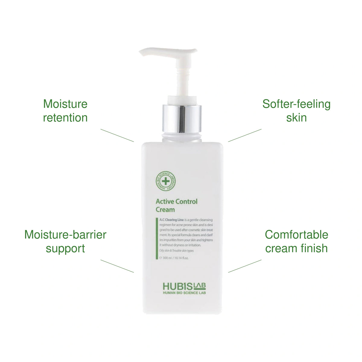 HUBISLAB Active Control Cream with Moisture retention, Softer-feeling skin, Moisture-barrier support, Comfortable cream finish benefits callouts.