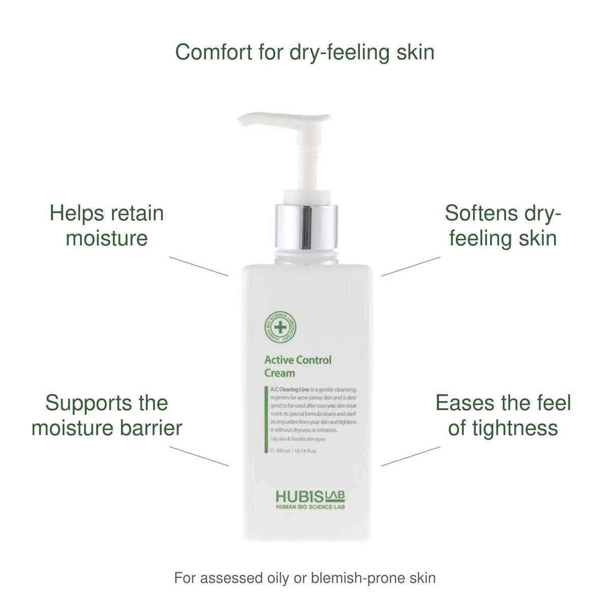 HUBISLAB Active Control Cream benefits: Helps retain moisture, Softens dry-feeling skin, Supports the moisture barrier, Eases the feel of tightness. For assessed oily or blemish-prone skin.