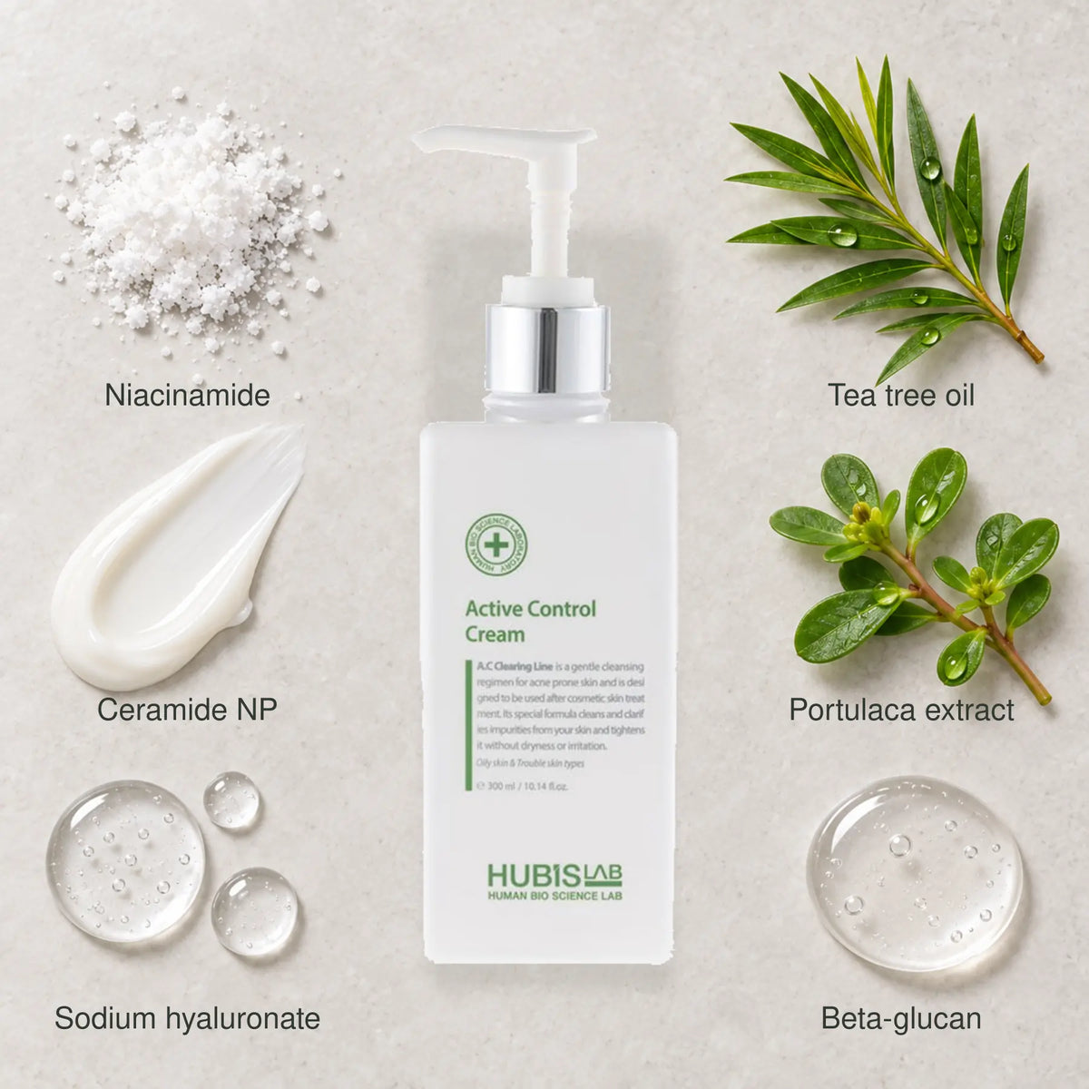 HUBISLAB Active Control Cream with an illustrative composition of Niacinamide, Tea tree oil, Ceramide NP, Portulaca extract, Sodium hyaluronate, Beta-glucan.